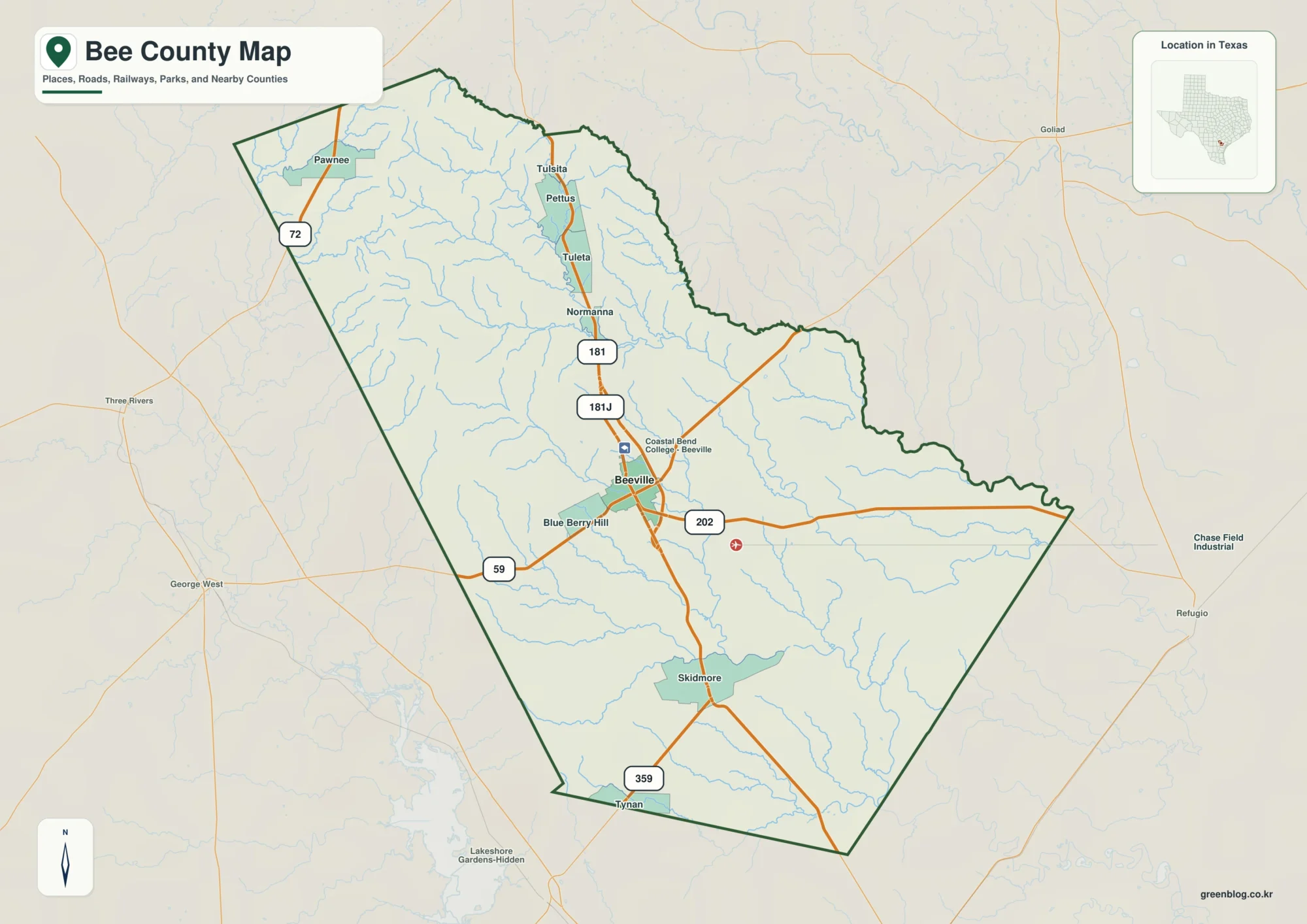 Bee County Texas map showing Beeville and selected communities