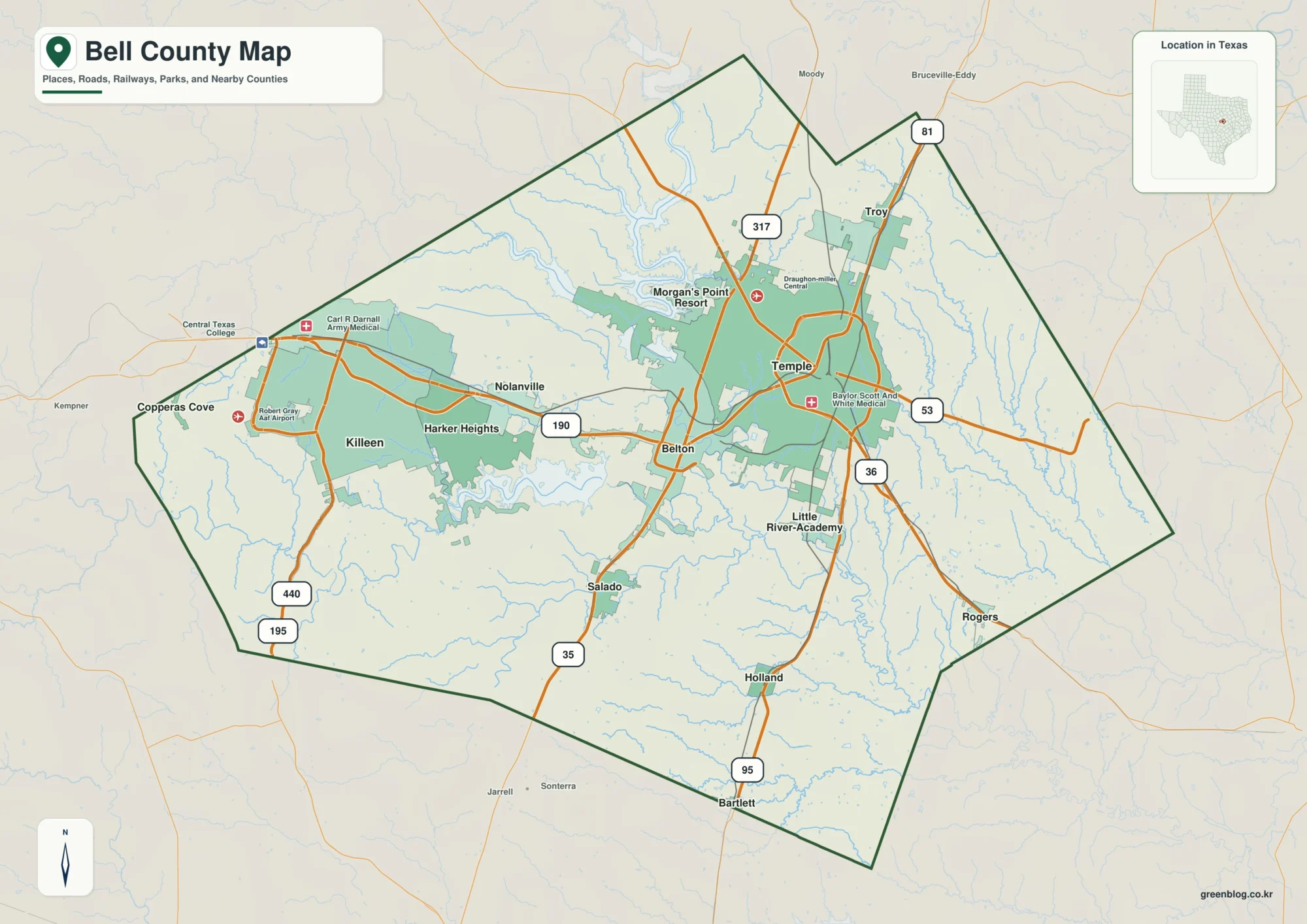 Bell County Texas map showing Belton and selected communities