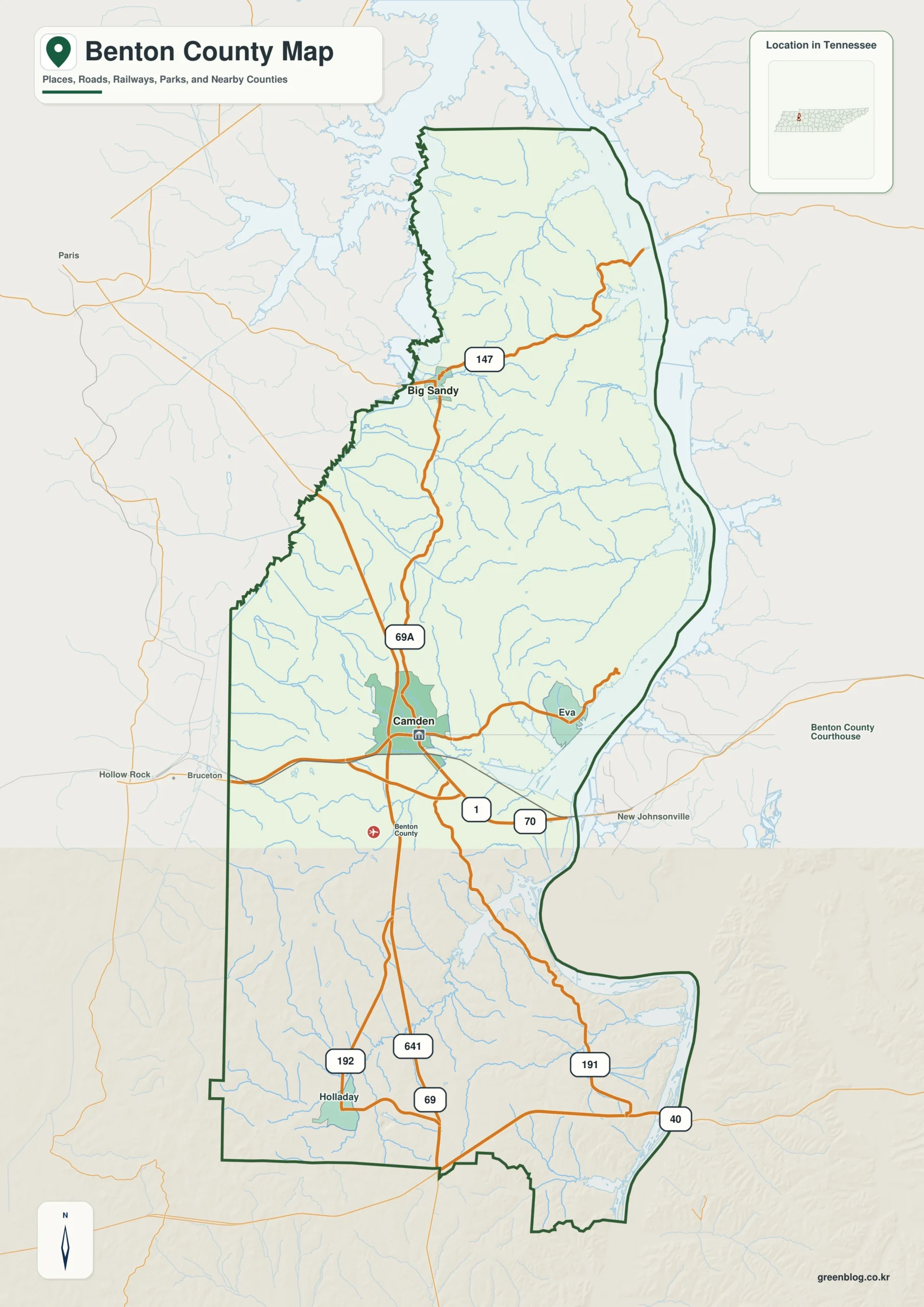 Benton County Tennessee map showing Camden, selected communities, roads, and natural features
