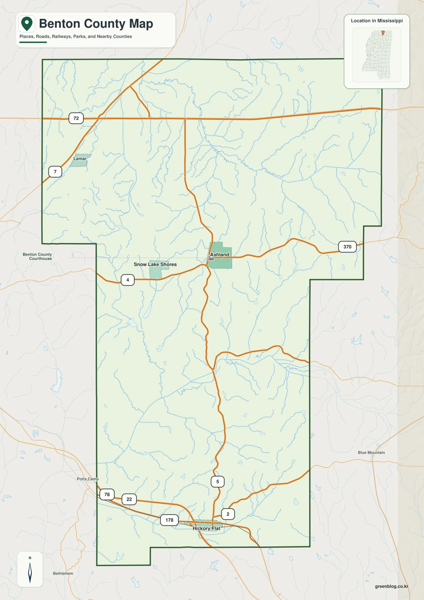 Benton County Mississippi map showing Ashland, selected communities, roads, and natural features