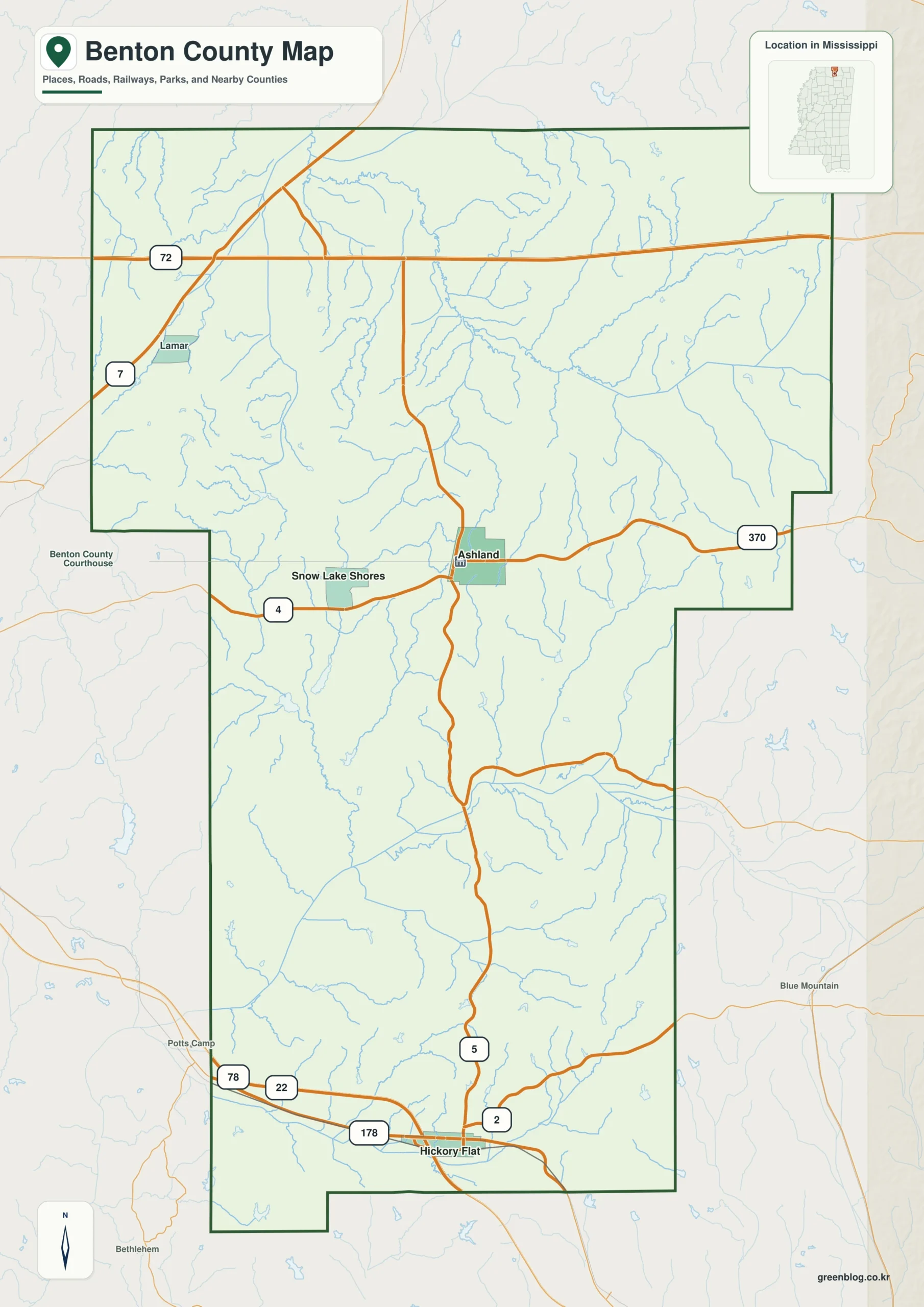 Benton County Mississippi map showing Ashland, selected communities, roads, and natural features