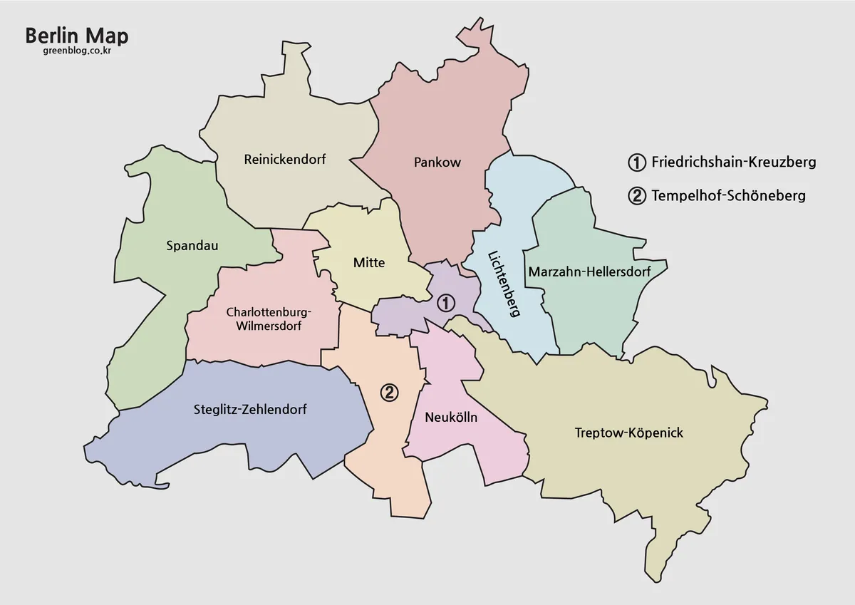 Printable Berlin Map with 12 color-coded boroughs and the surrounding Brandenburg boundary