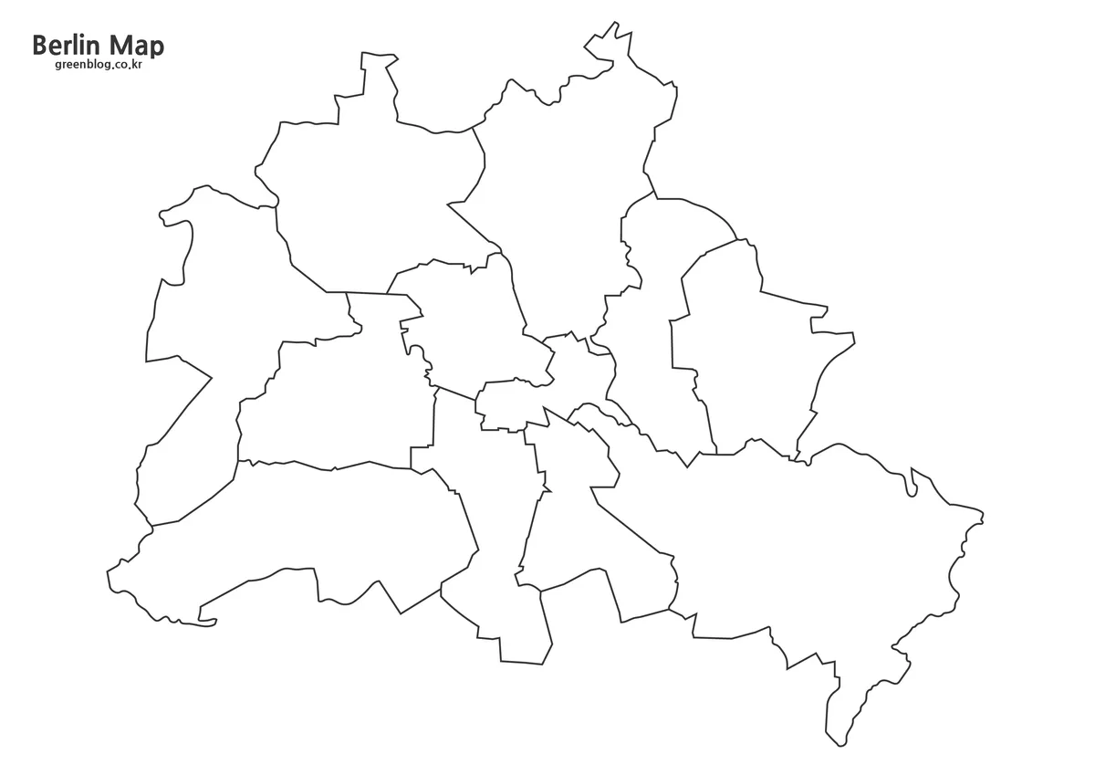 Blank outline map of Berlin with 12 borough boundaries for annotations and graphic projects
