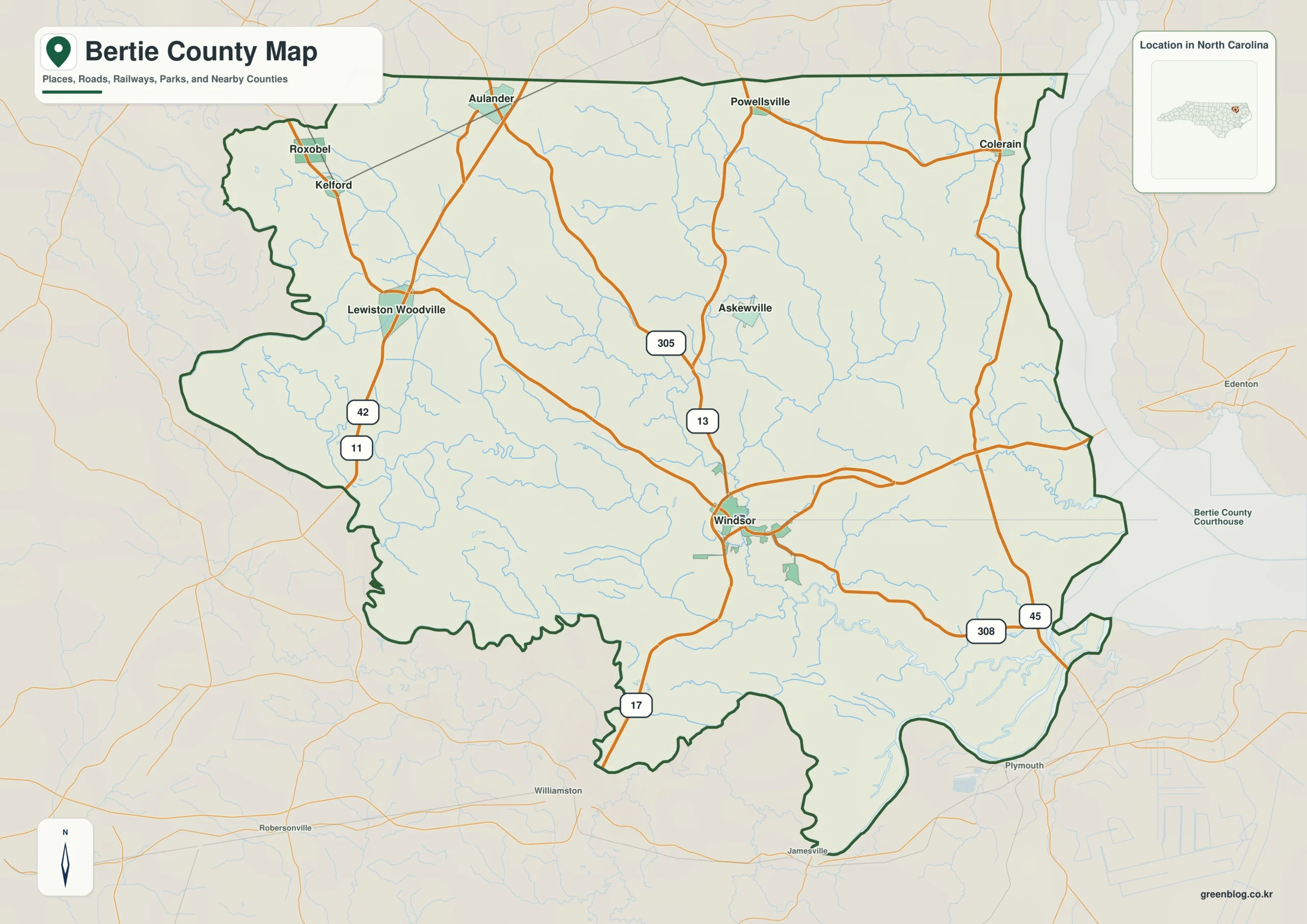 Bertie County North Carolina map with Windsor and Cashie River