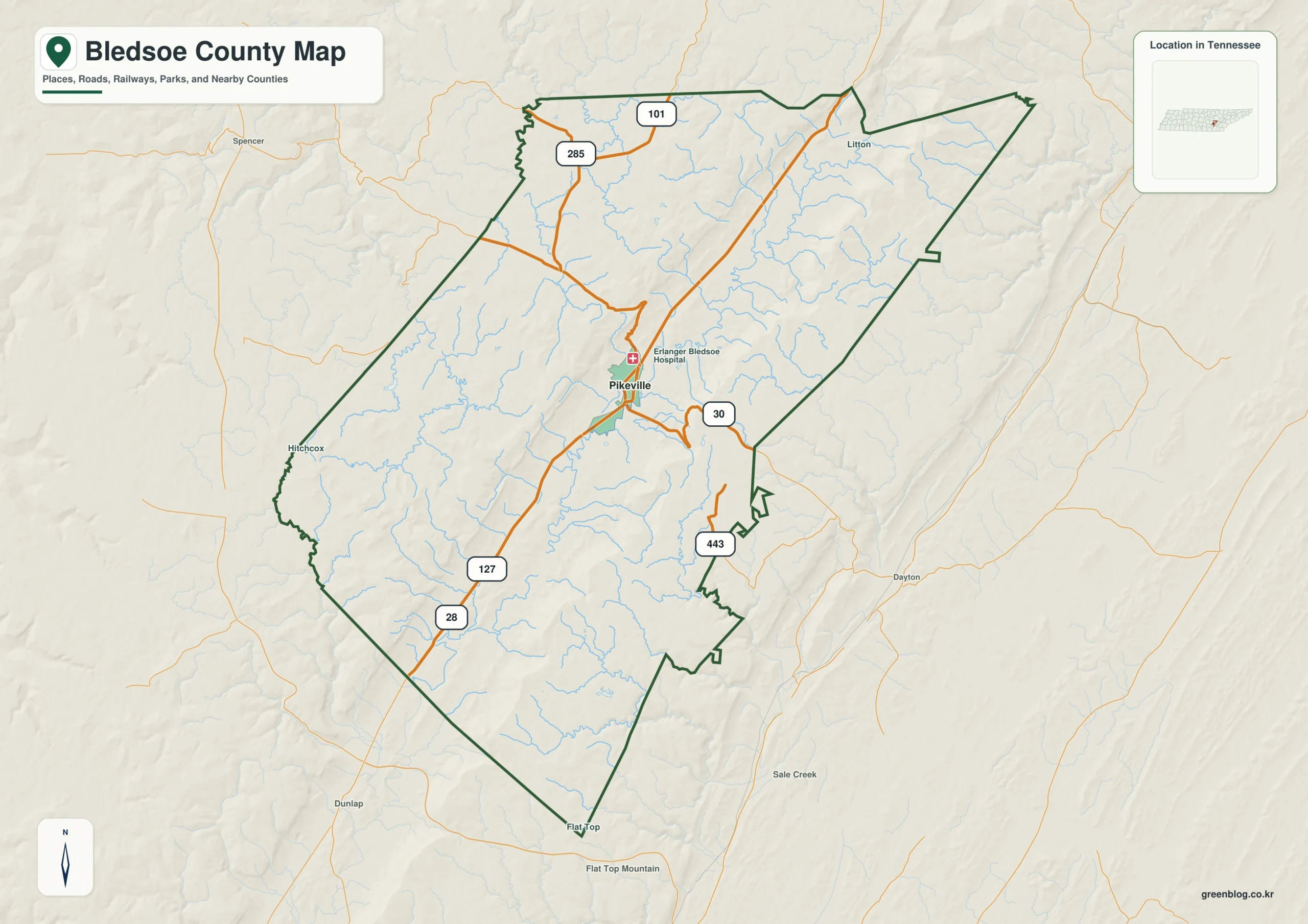 Bledsoe County Tennessee map showing Pikeville, selected communities, roads, and natural features