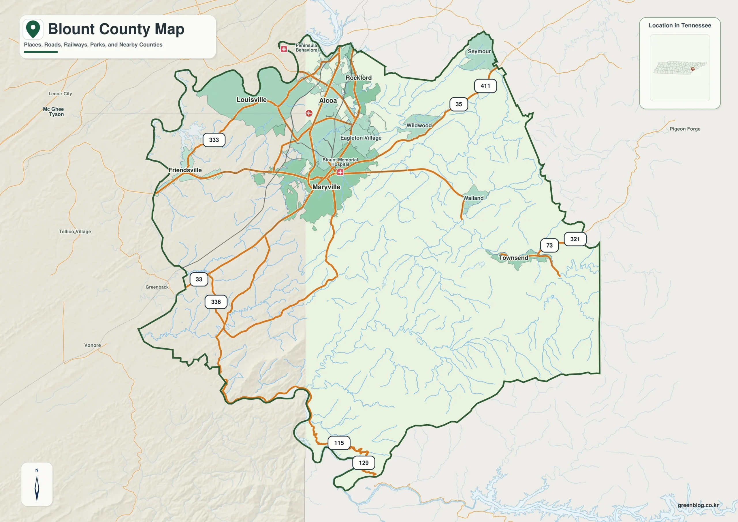 Blount County Tennessee map showing Maryville, selected communities, roads, and natural features