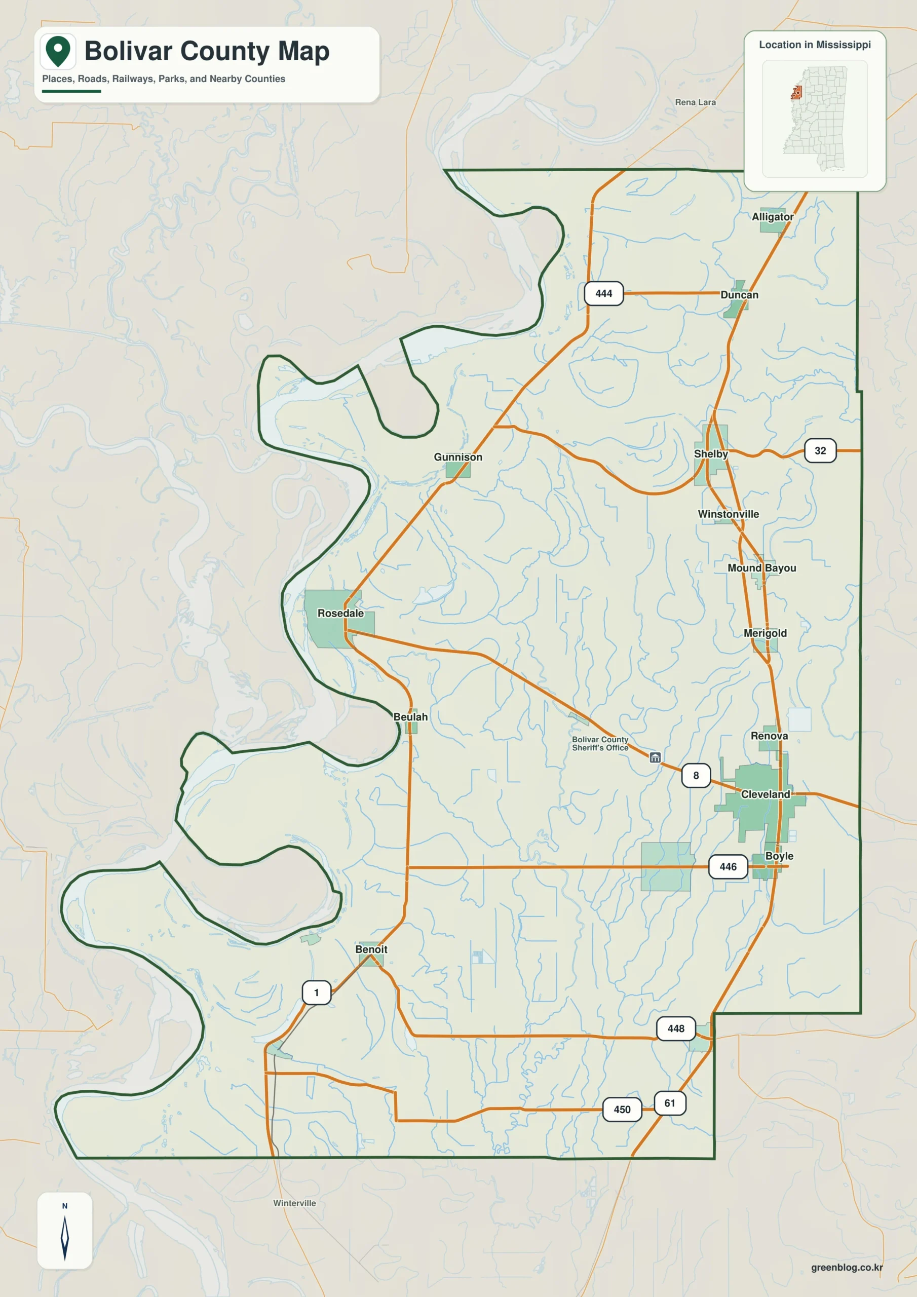 Bolivar County Mississippi map showing Cleveland and Rosedale, selected communities, roads, and natural features