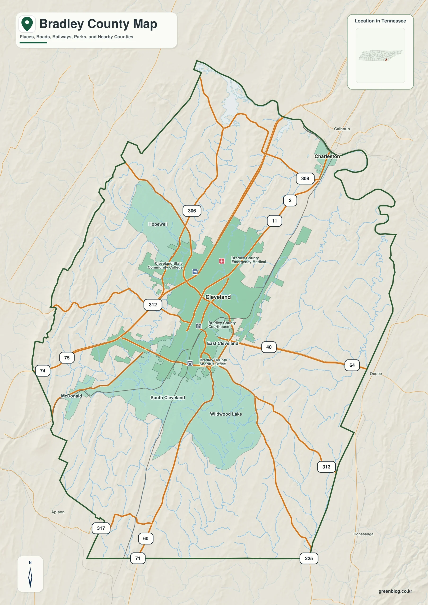 Bradley County Tennessee map showing Cleveland, selected communities, roads, and natural features