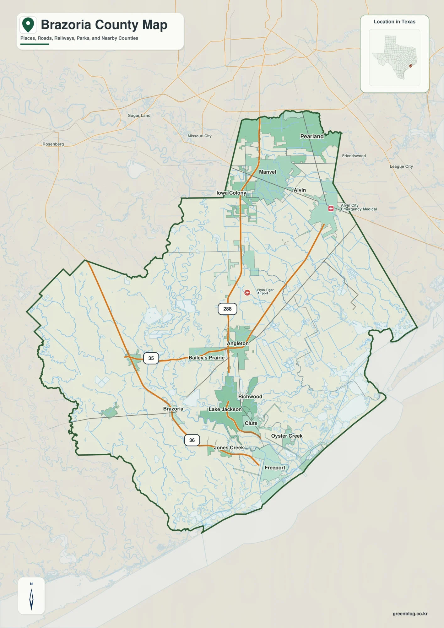 Brazoria County Texas map showing Angleton and selected communities