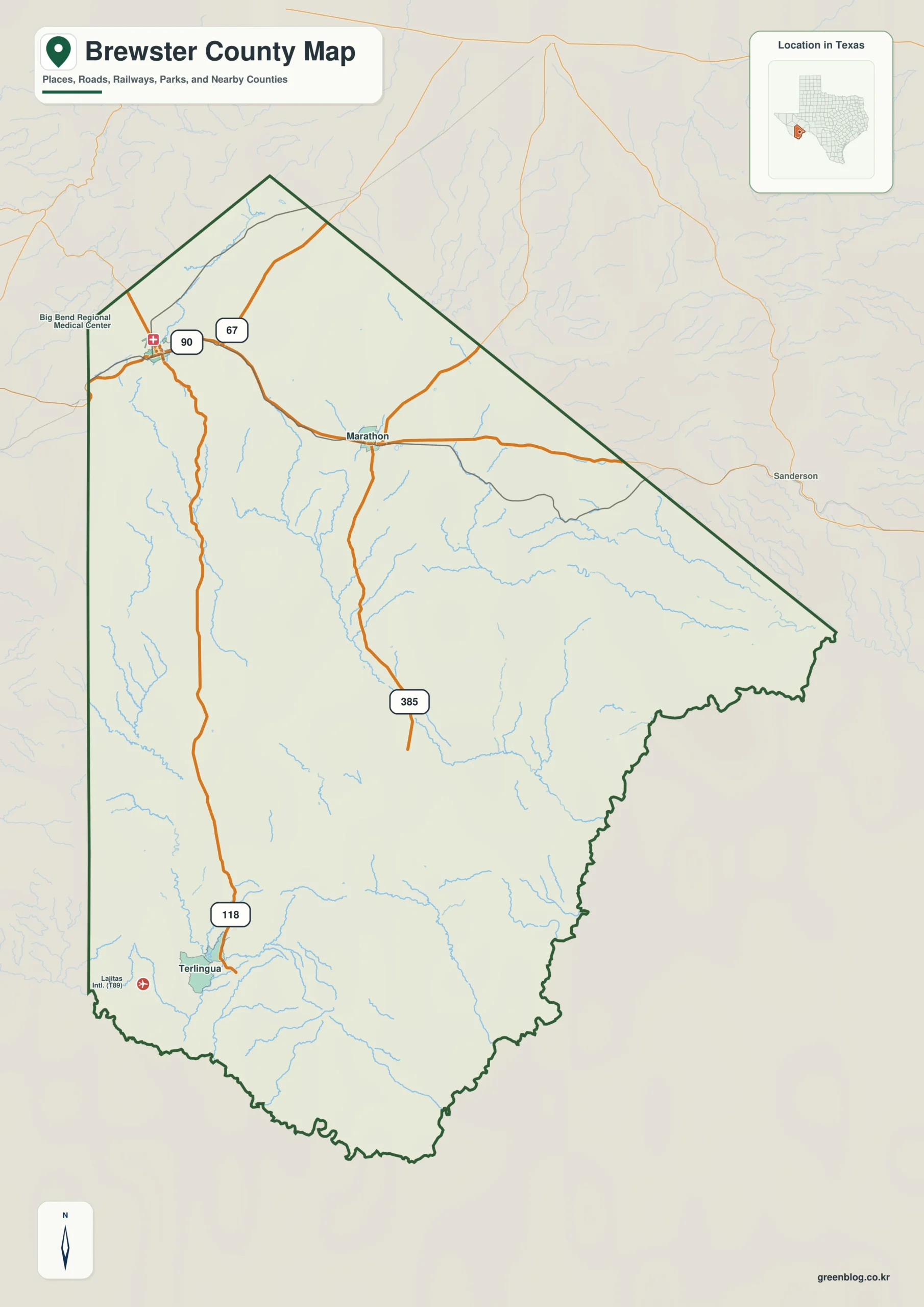 Brewster County Texas map showing Alpine and selected communities