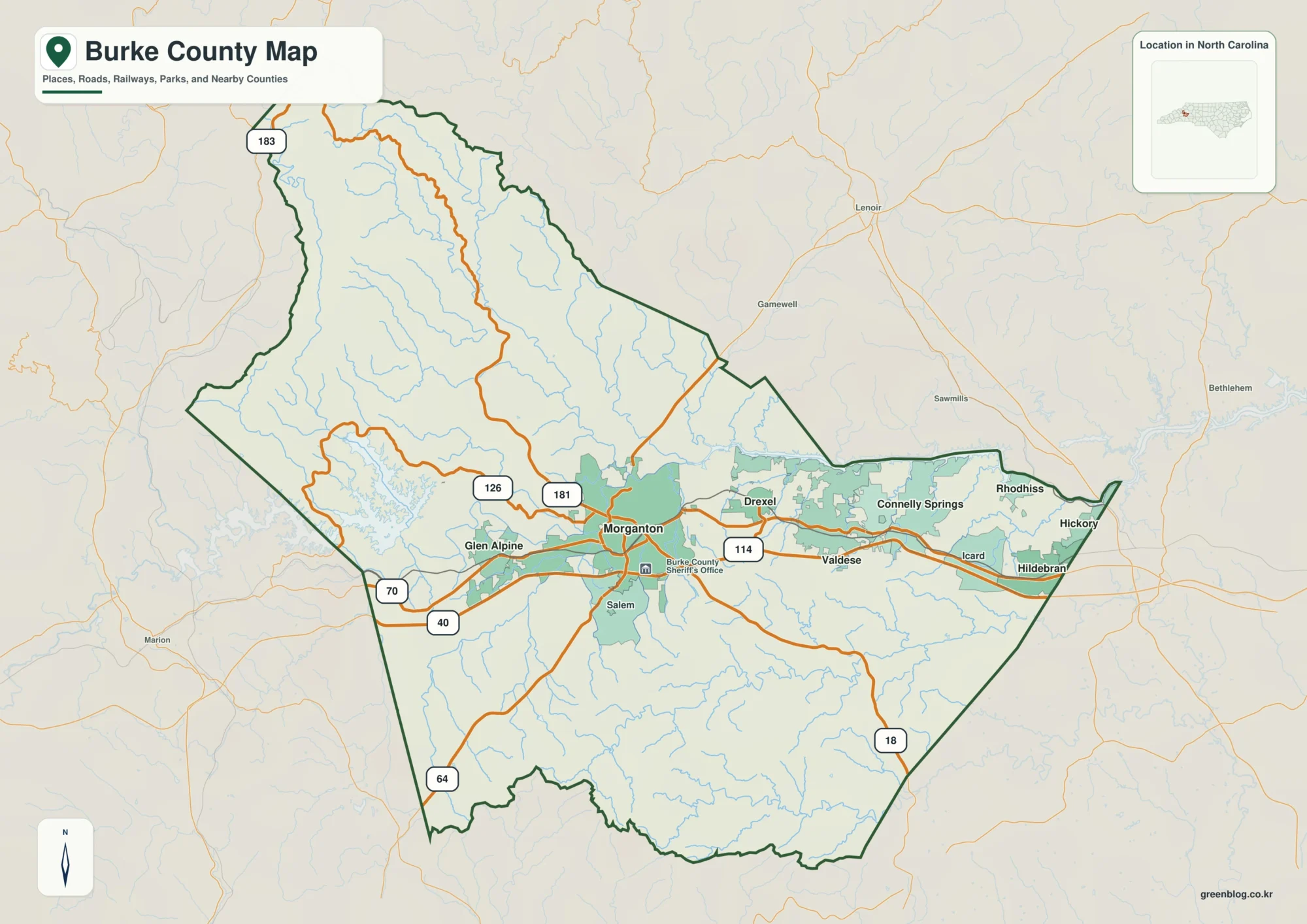 Burke County North Carolina map with Morganton and Lake James