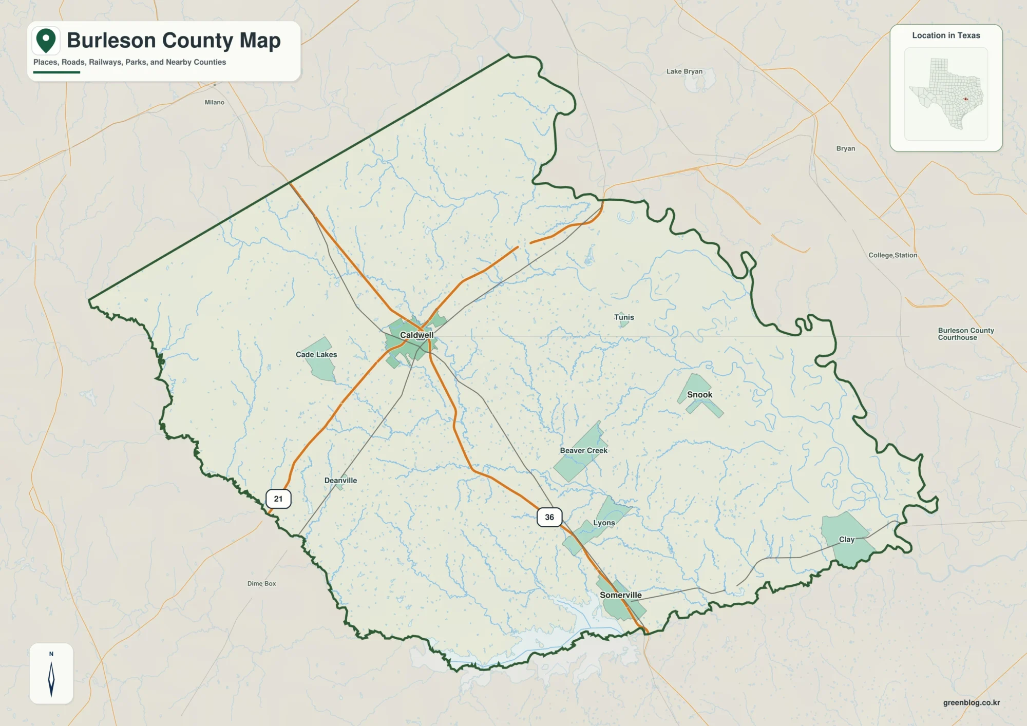 Burleson County Texas map showing Caldwell and selected communities