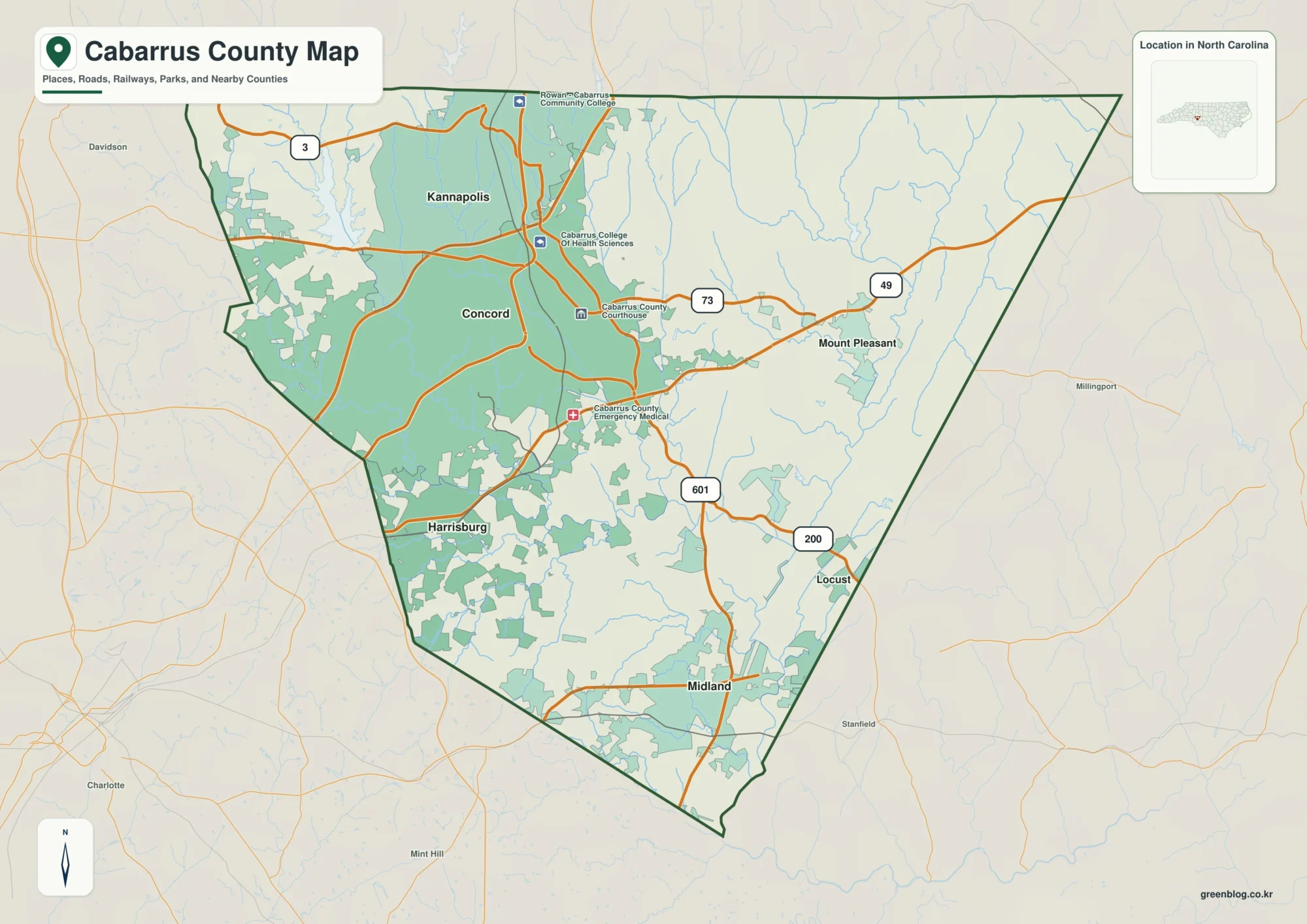 Cabarrus County North Carolina map with Concord and Rocky River