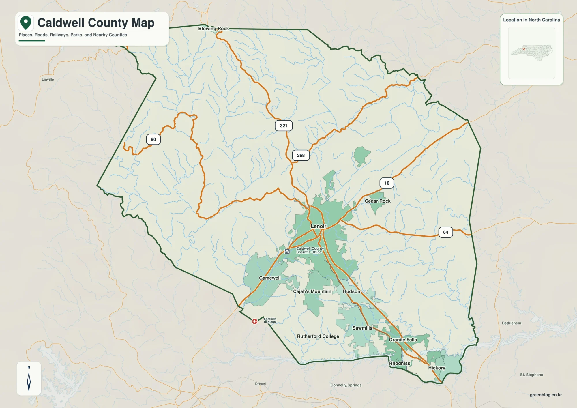 Caldwell County North Carolina map with Lenoir and Yadkin River