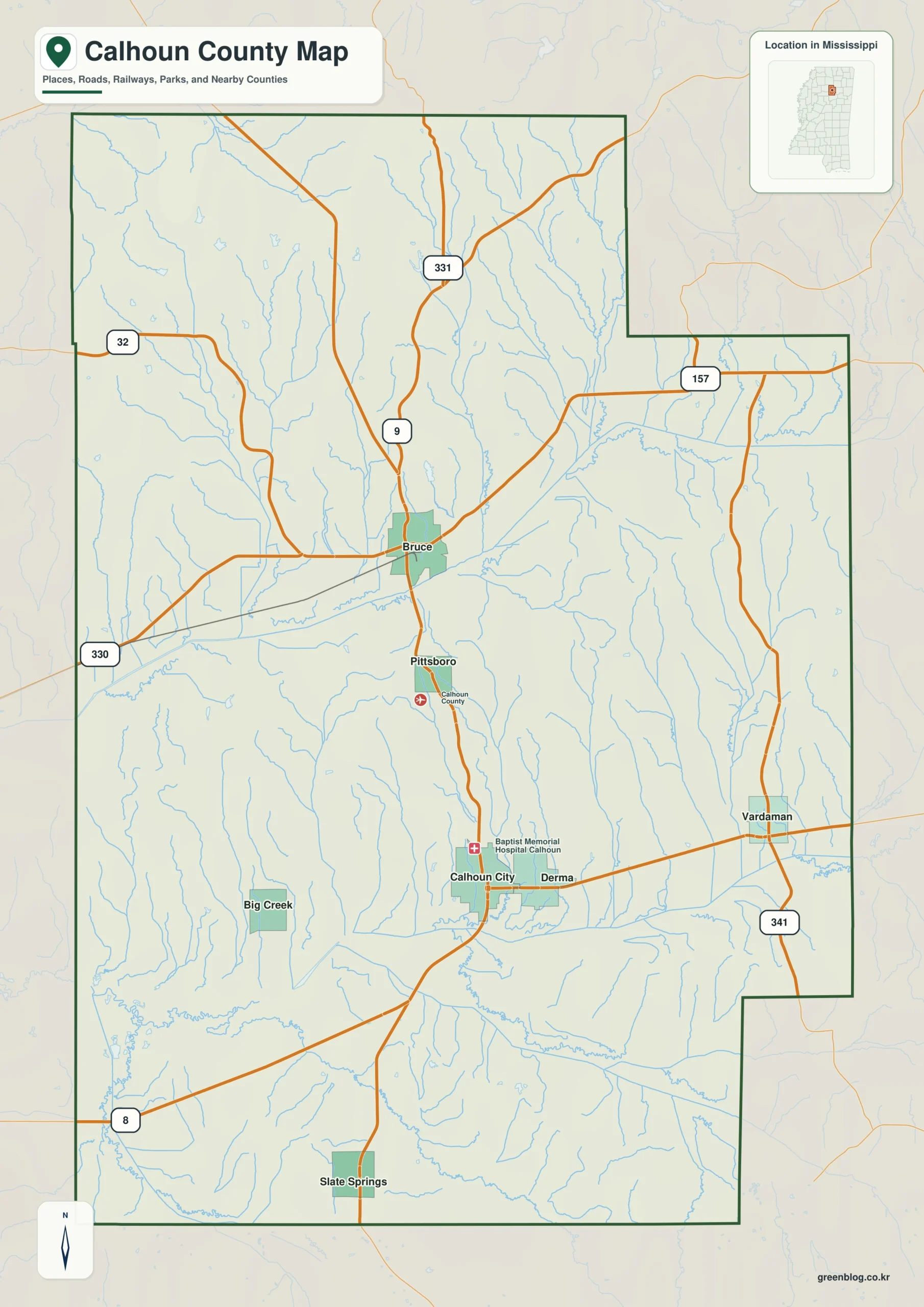 Calhoun County Mississippi map showing Pittsboro, selected communities, roads, and natural features