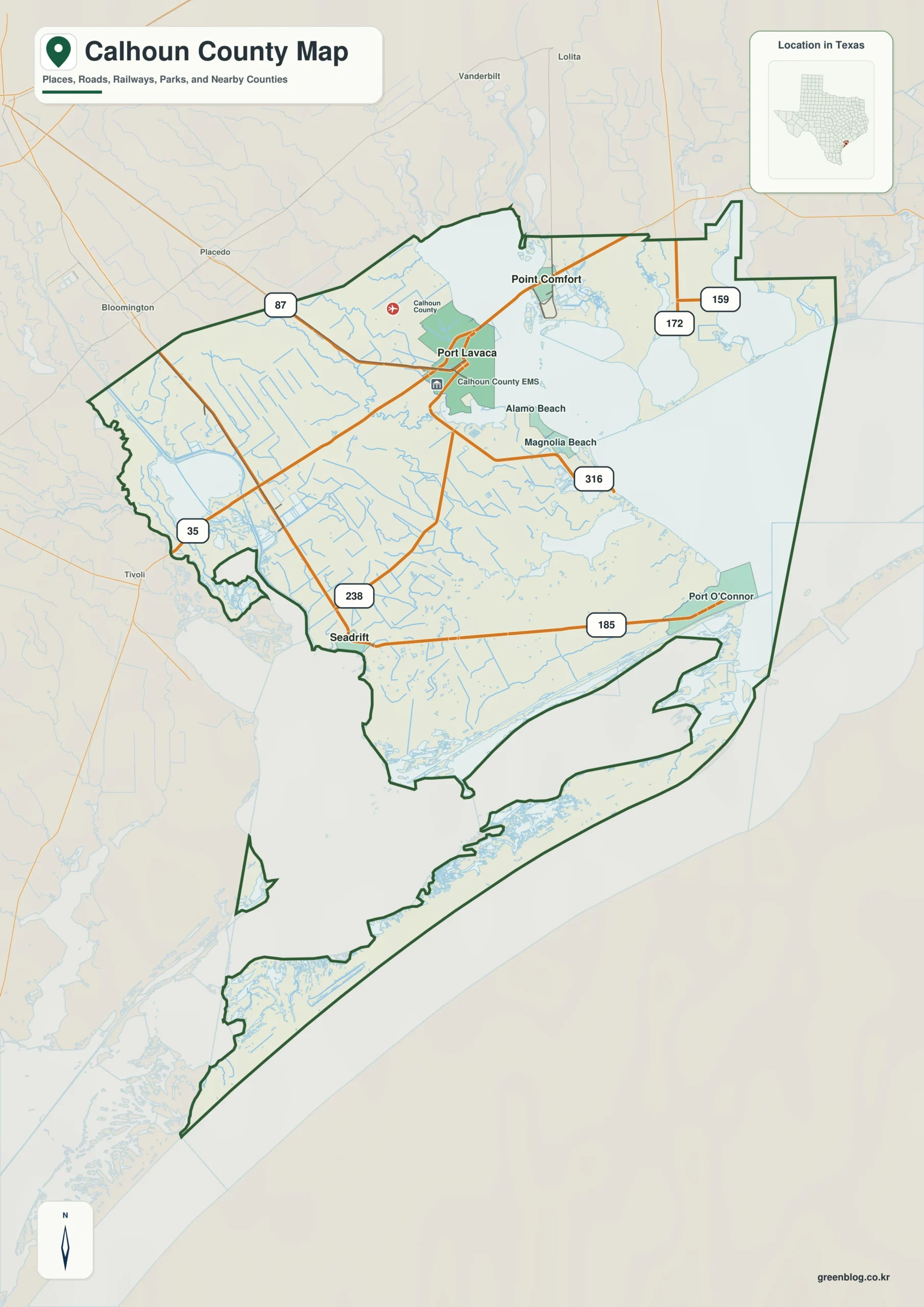 Calhoun County Texas map showing Port Lavaca and selected communities