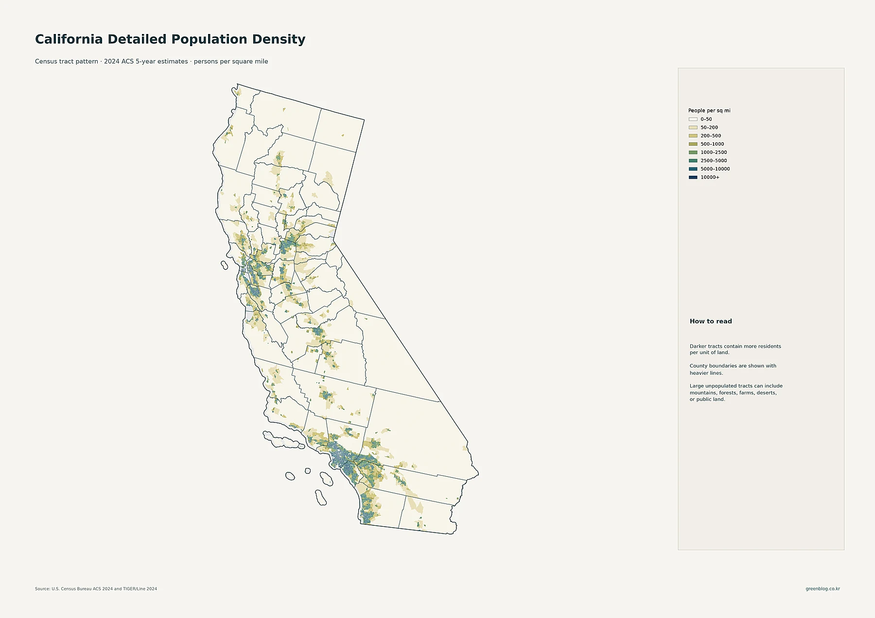 California detailed population density by census tract using 2024 ACS 5-year estimates