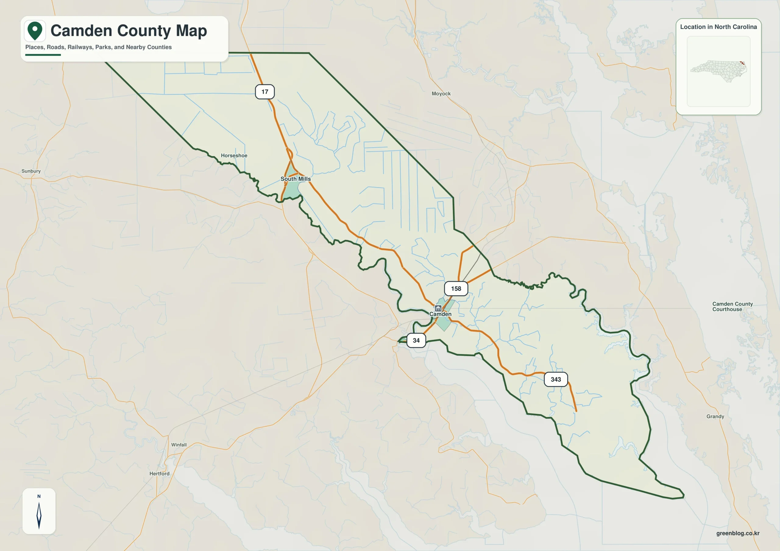 Camden County North Carolina map with Camden and Great Dismal Swamp Canal