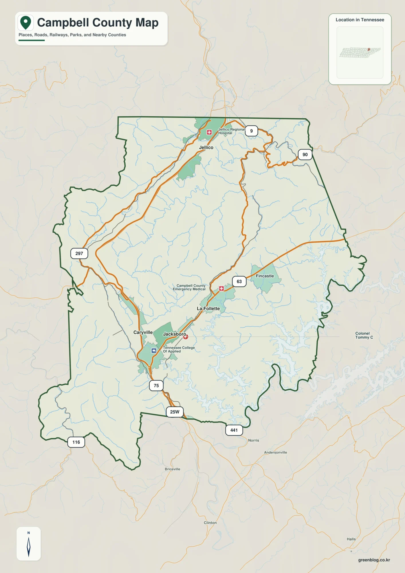 Campbell County Tennessee map showing Jacksboro, selected communities, roads, and natural features