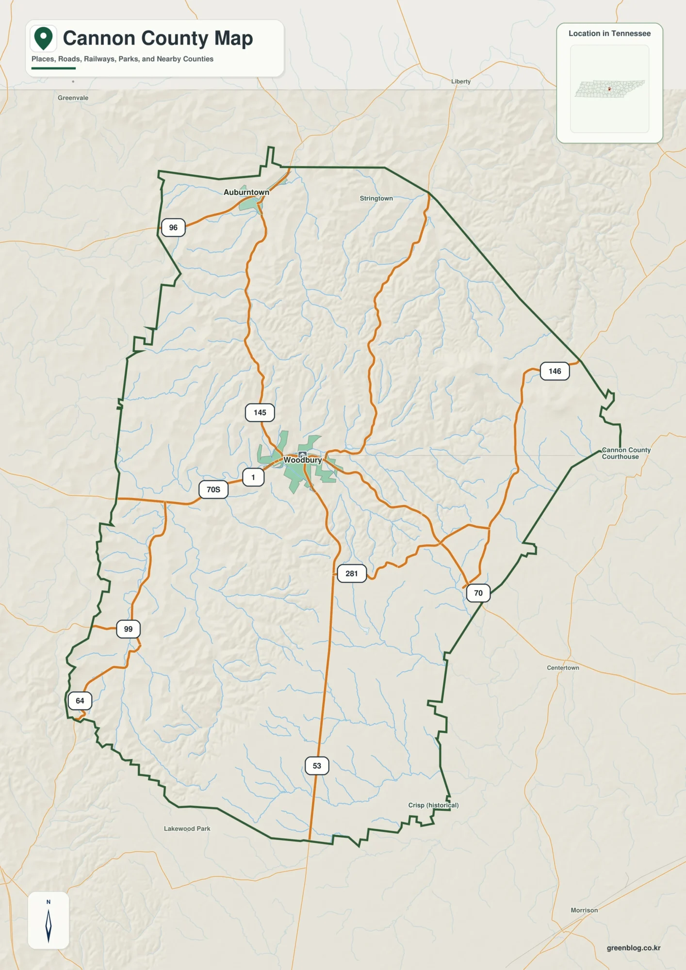 Cannon County Tennessee map showing Woodbury, selected communities, roads, and natural features