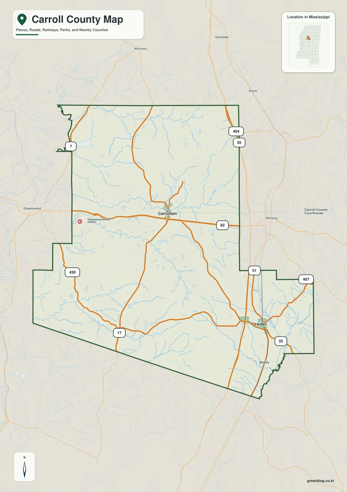 Carroll County Mississippi map showing Carrollton and Vaiden, selected communities, roads, and natural features
