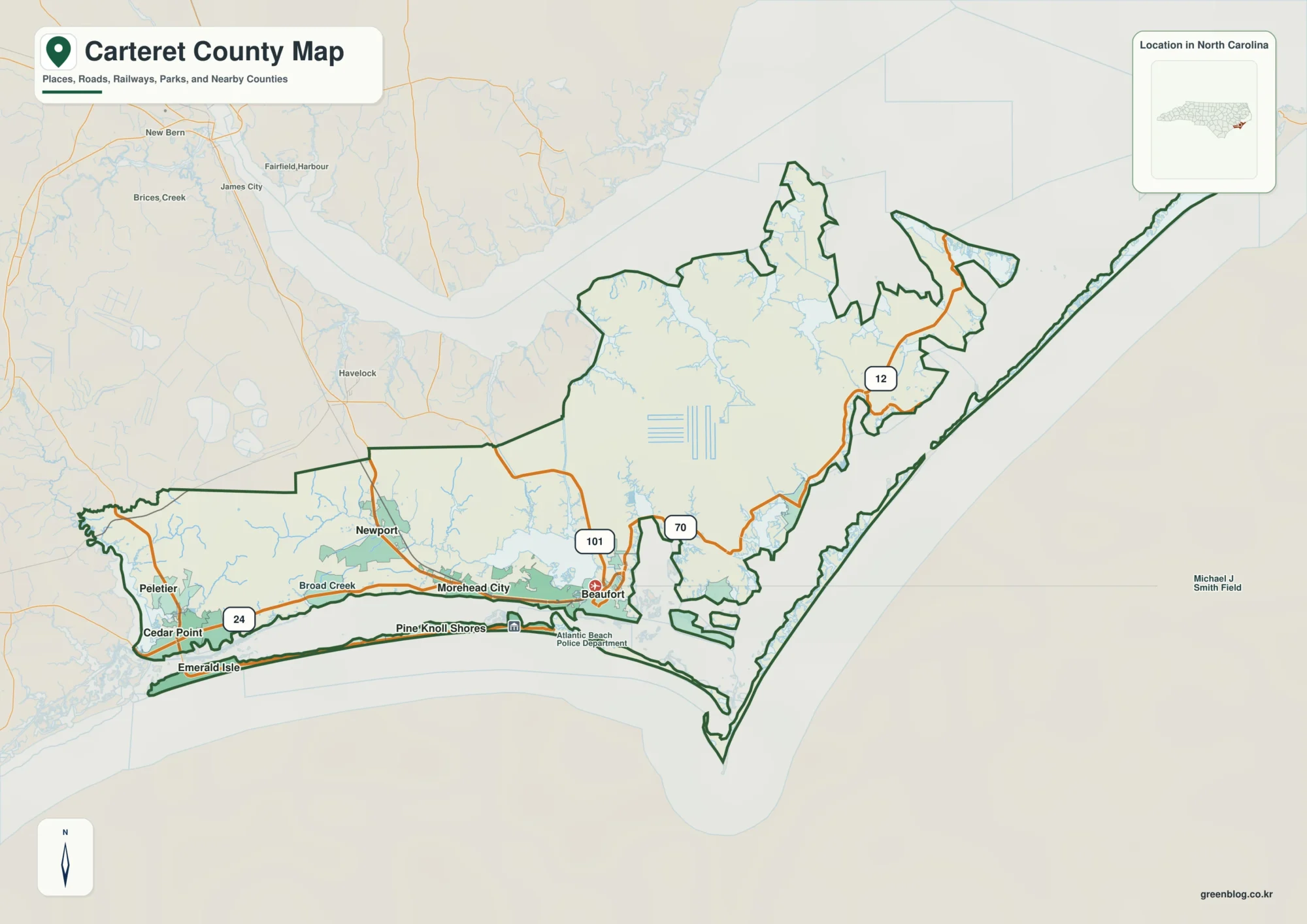 Carteret County North Carolina map with Beaufort and Bogue Sound