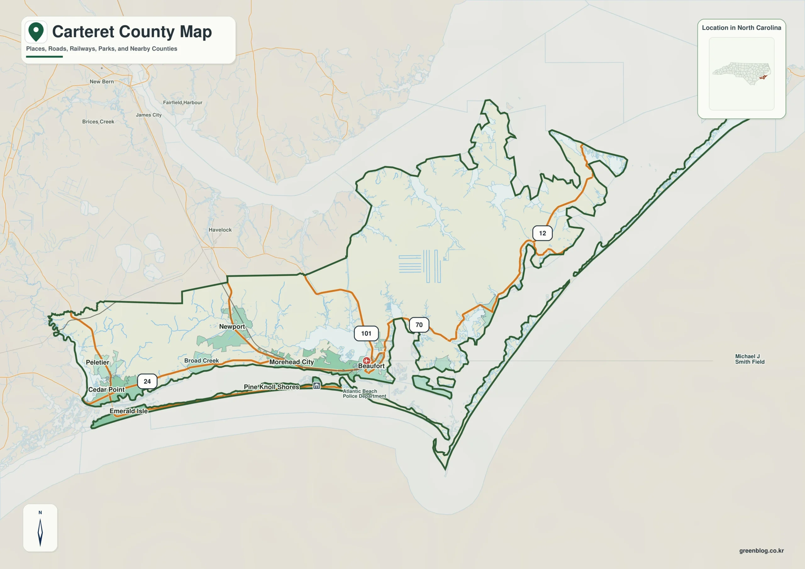 Carteret County North Carolina map with Beaufort and Bogue Sound