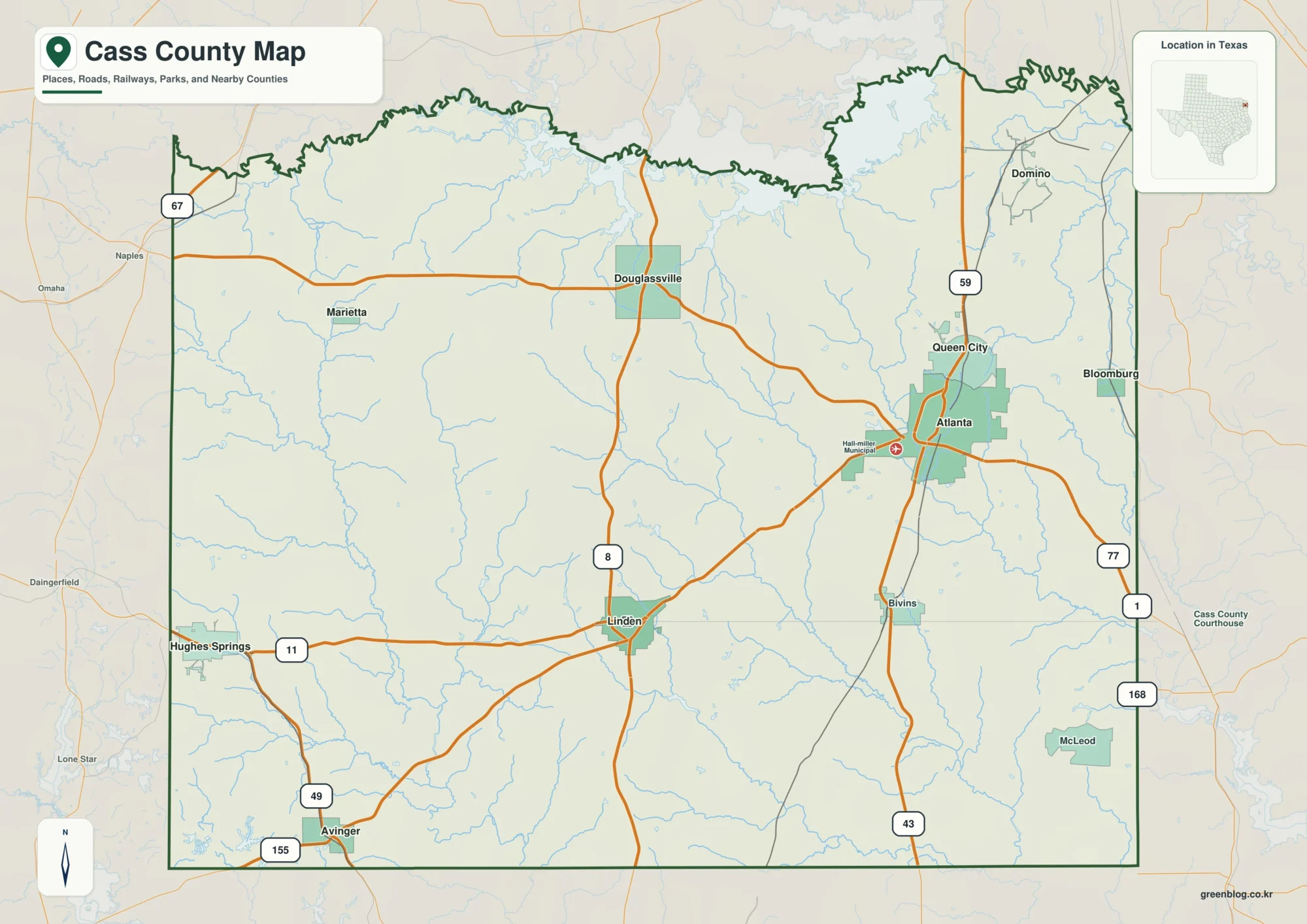 Cass County Texas map showing Linden and selected communities