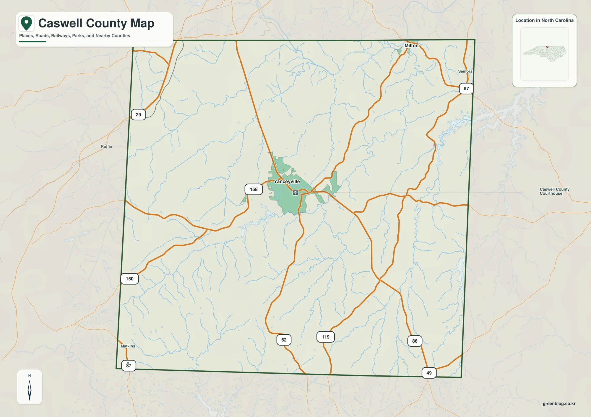 Caswell County North Carolina map with Yanceyville and Dan River