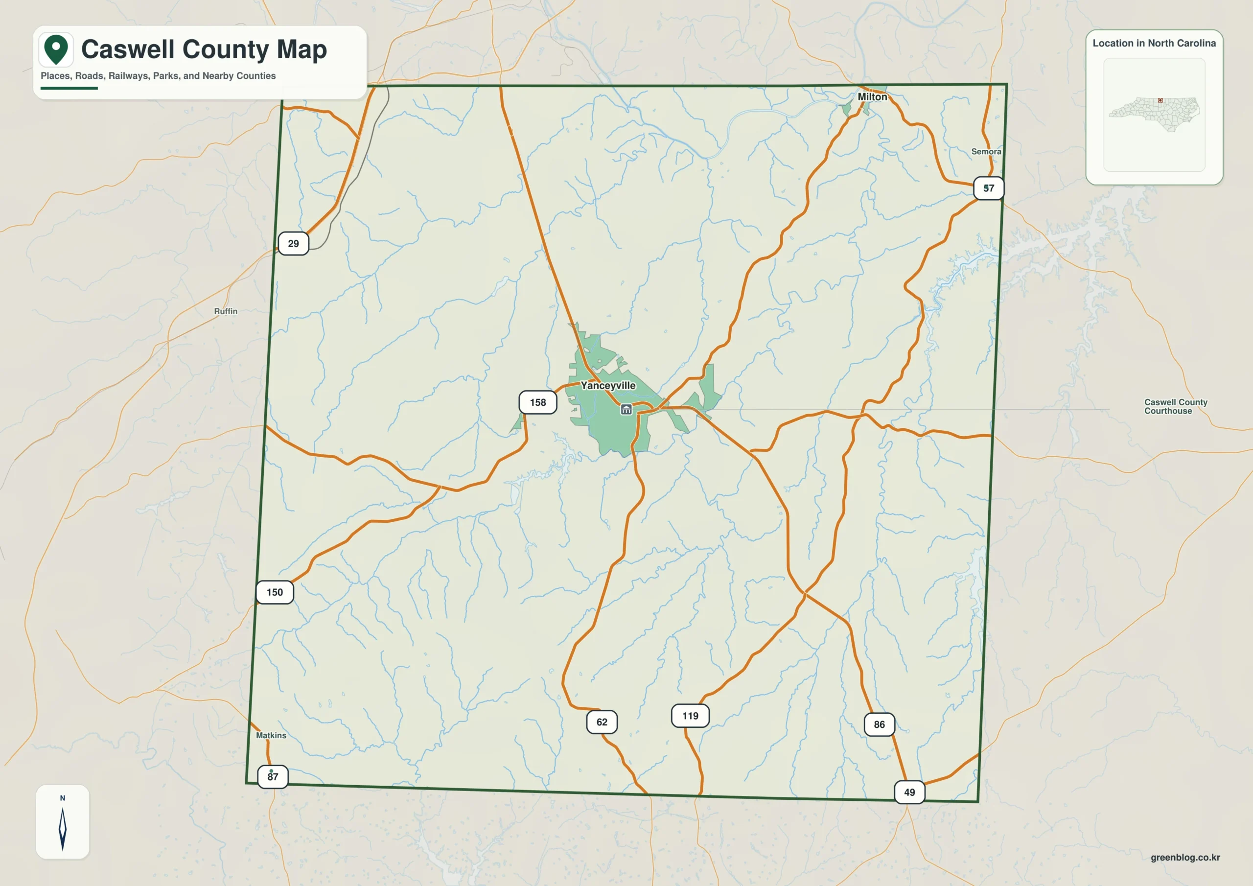 Caswell County North Carolina map with Yanceyville and Dan River