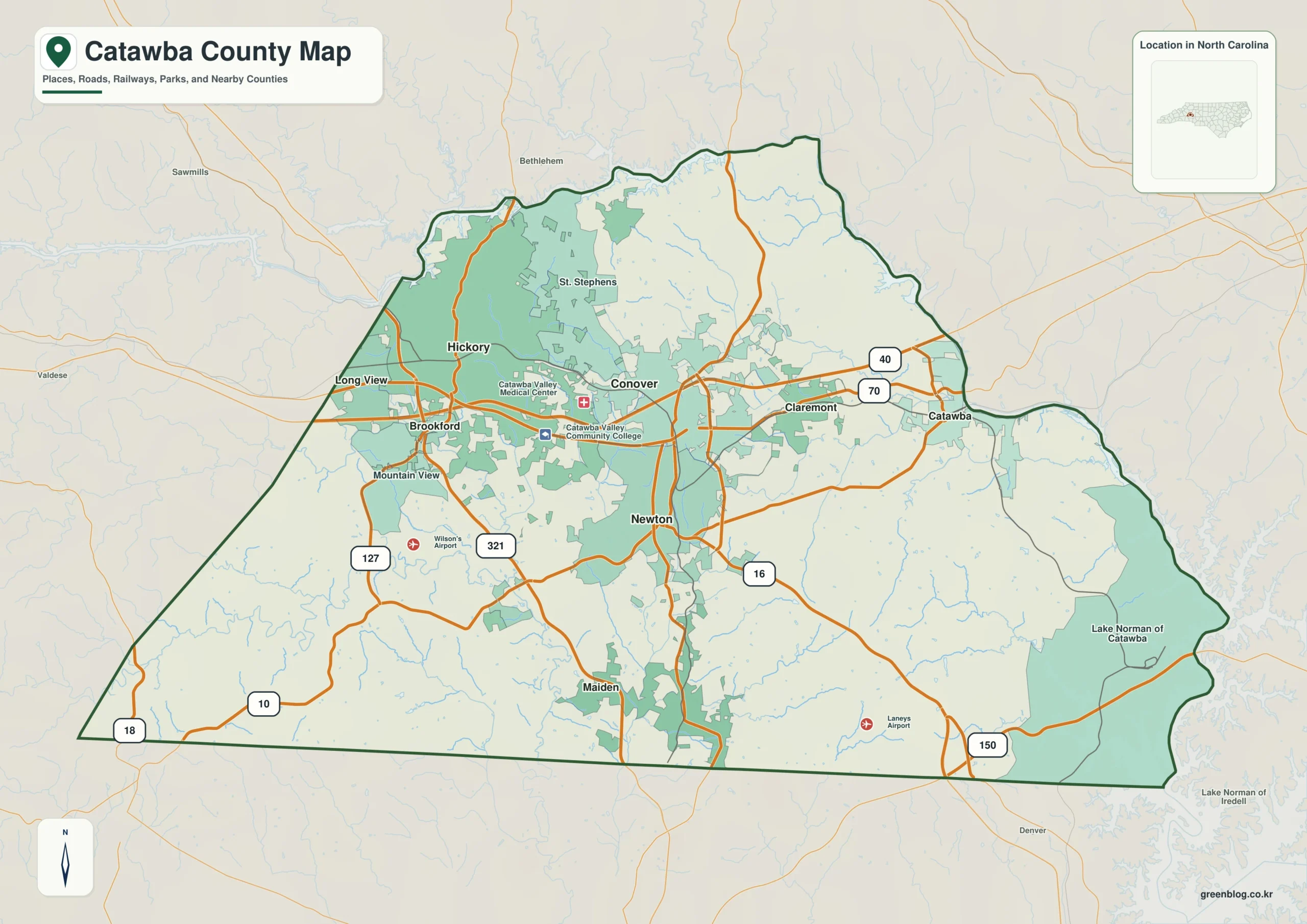 Catawba County North Carolina map with Newton and Catawba River