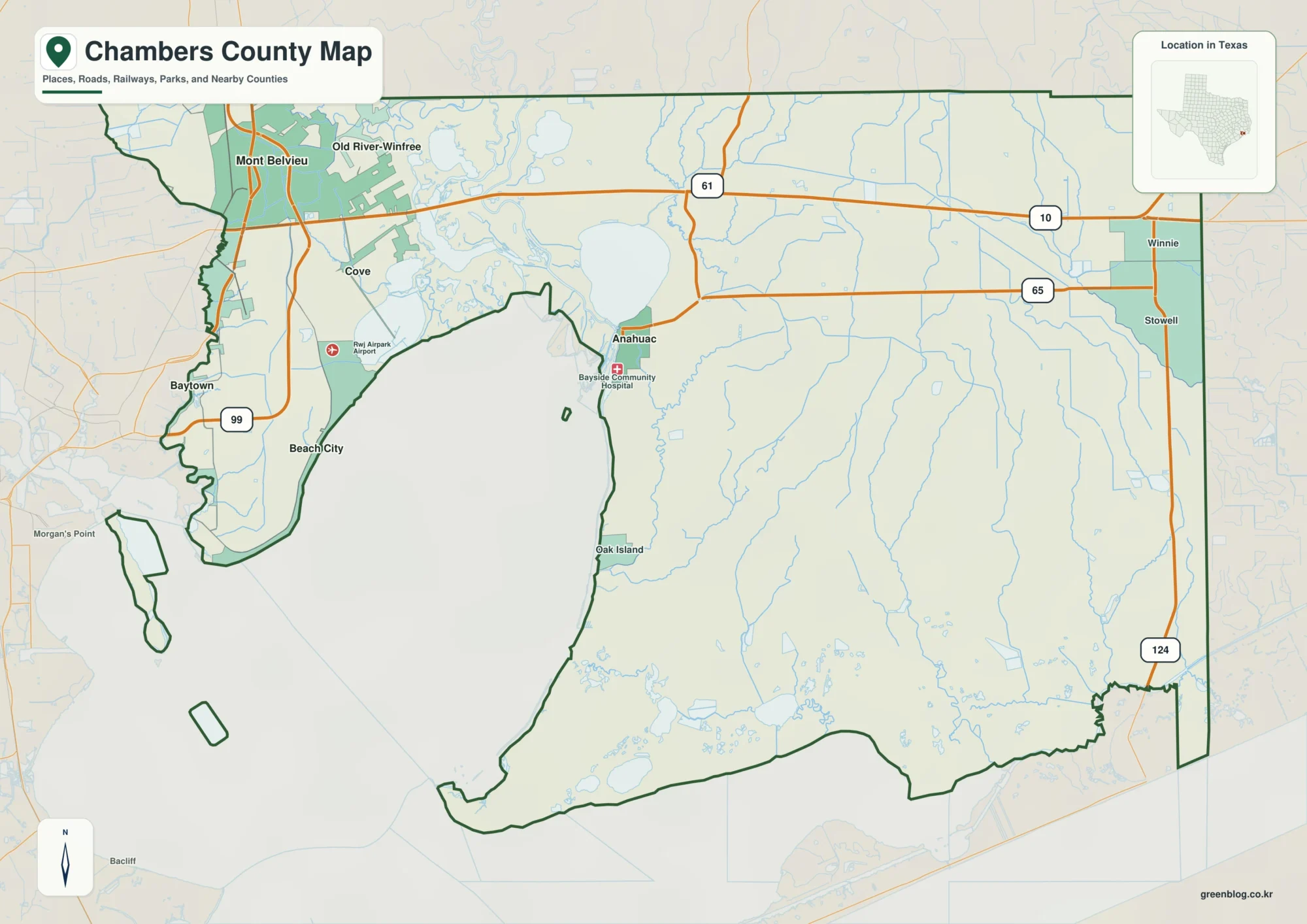 Chambers County Texas map showing Anahuac and selected communities