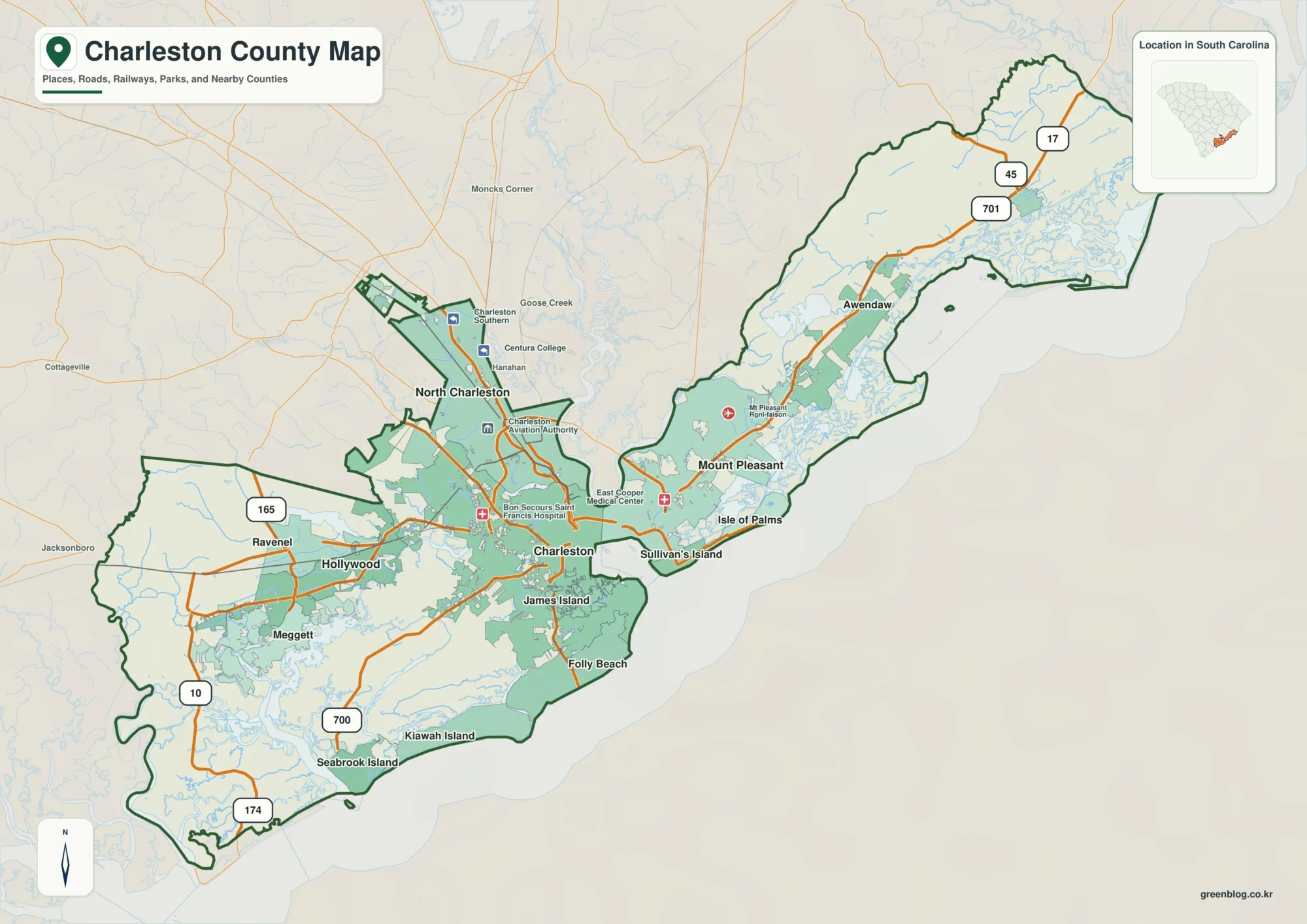 Charleston County South Carolina map with the county boundary and reference names for Charleston and Mount Pleasant