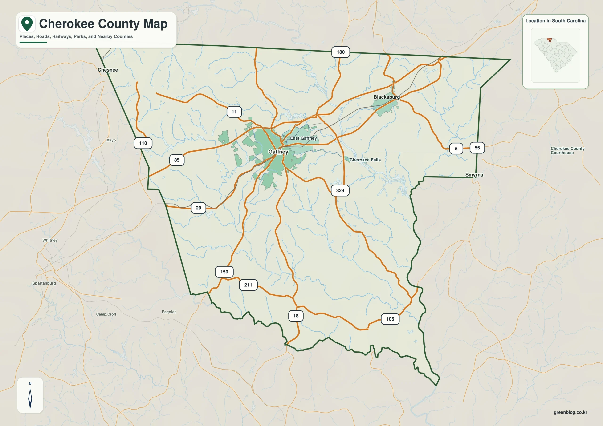 Cherokee County South Carolina map with the county boundary and reference names for Gaffney and Blacksburg