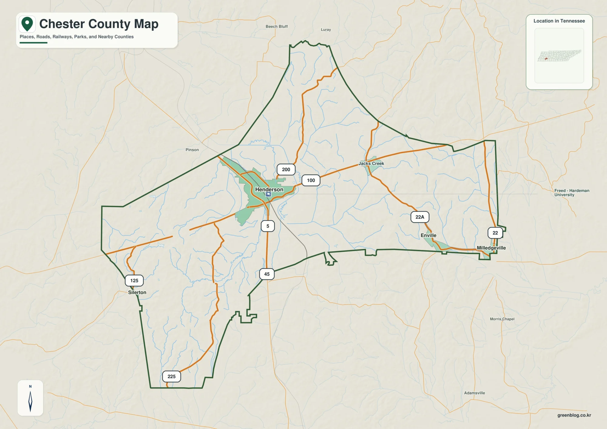 Chester County Tennessee map showing Henderson, selected communities, roads, and natural features