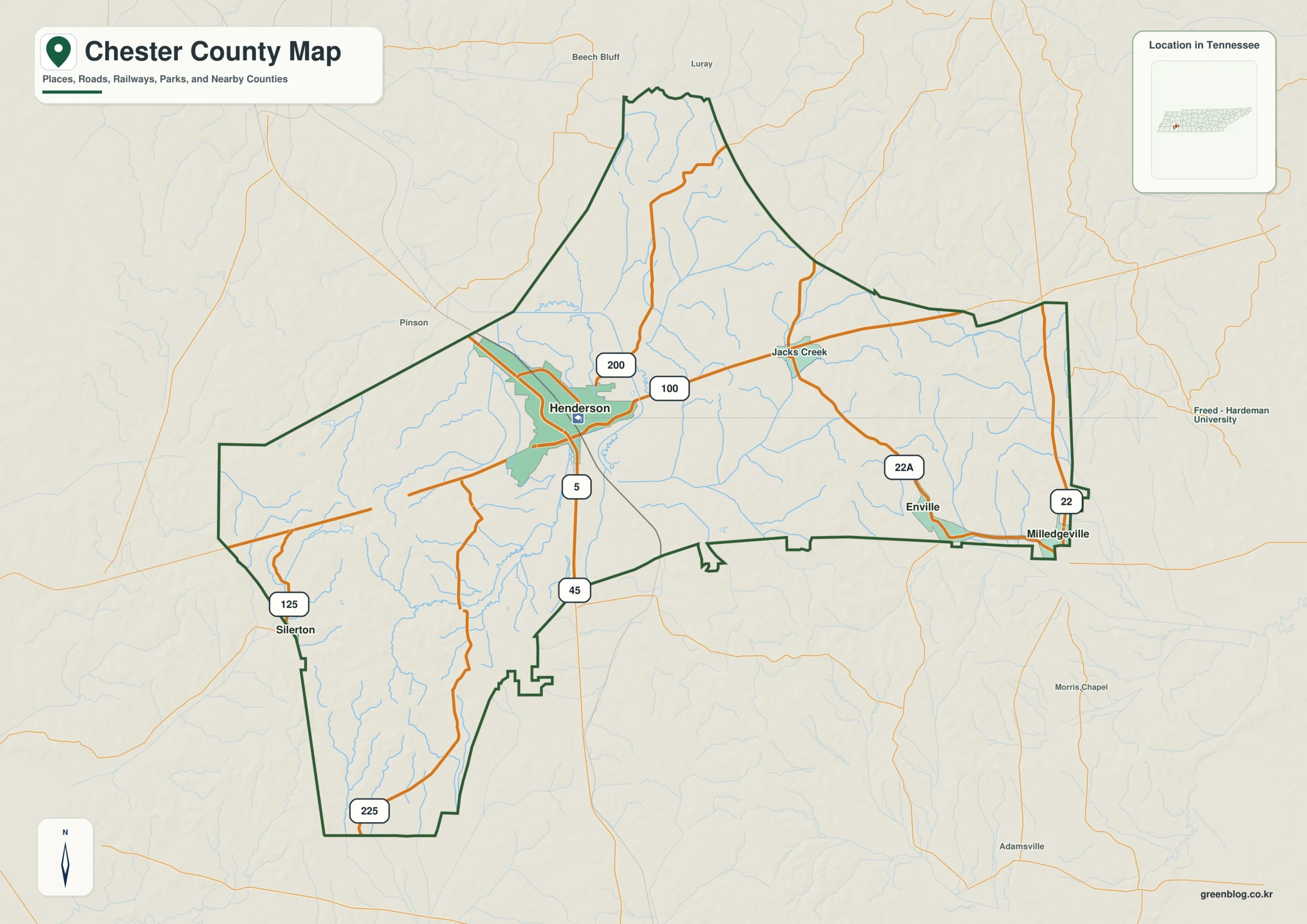 Chester County Tennessee map showing Henderson, selected communities, roads, and natural features