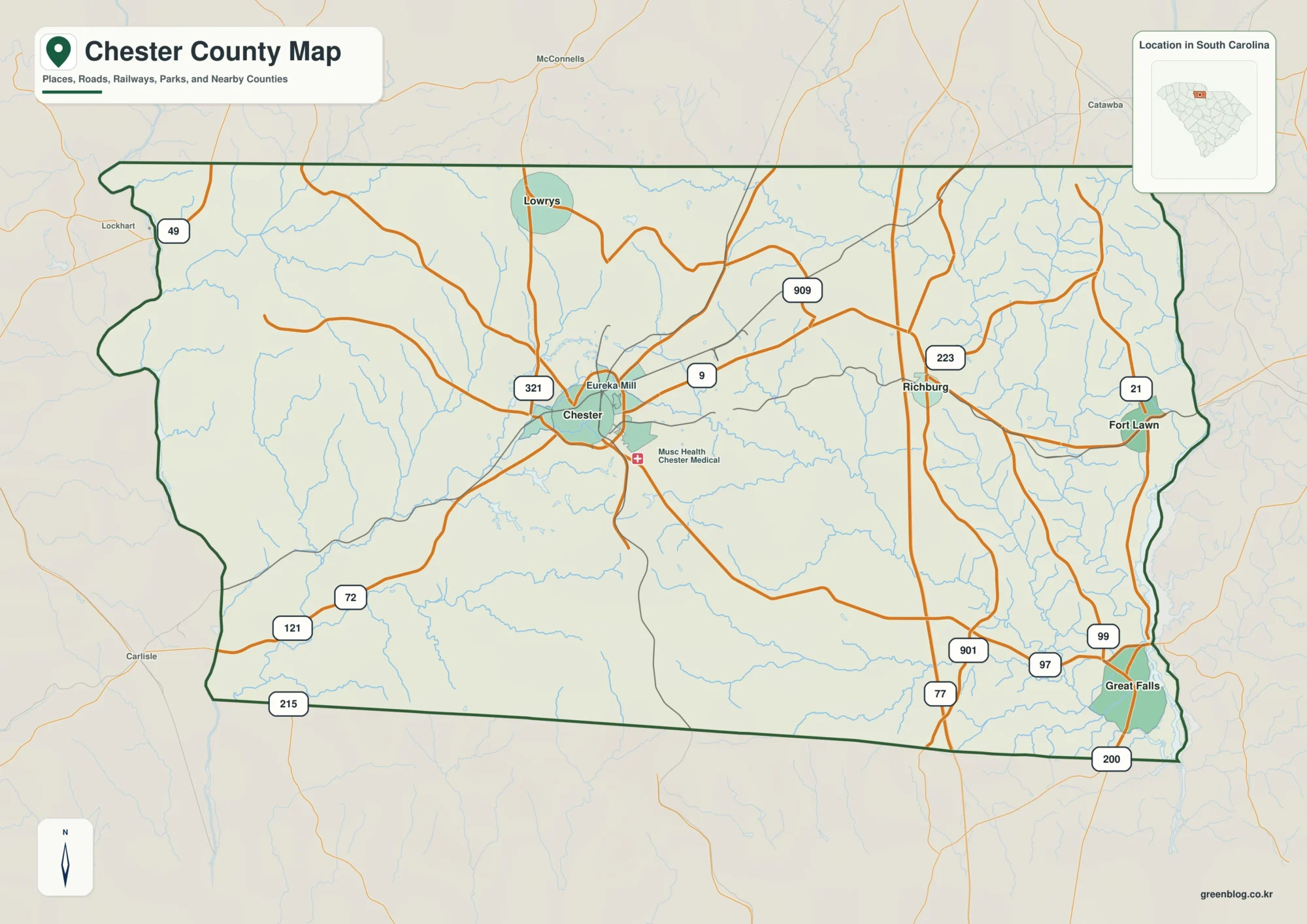 Chester County South Carolina map with the county boundary and reference names for Chester and Fort Lawn