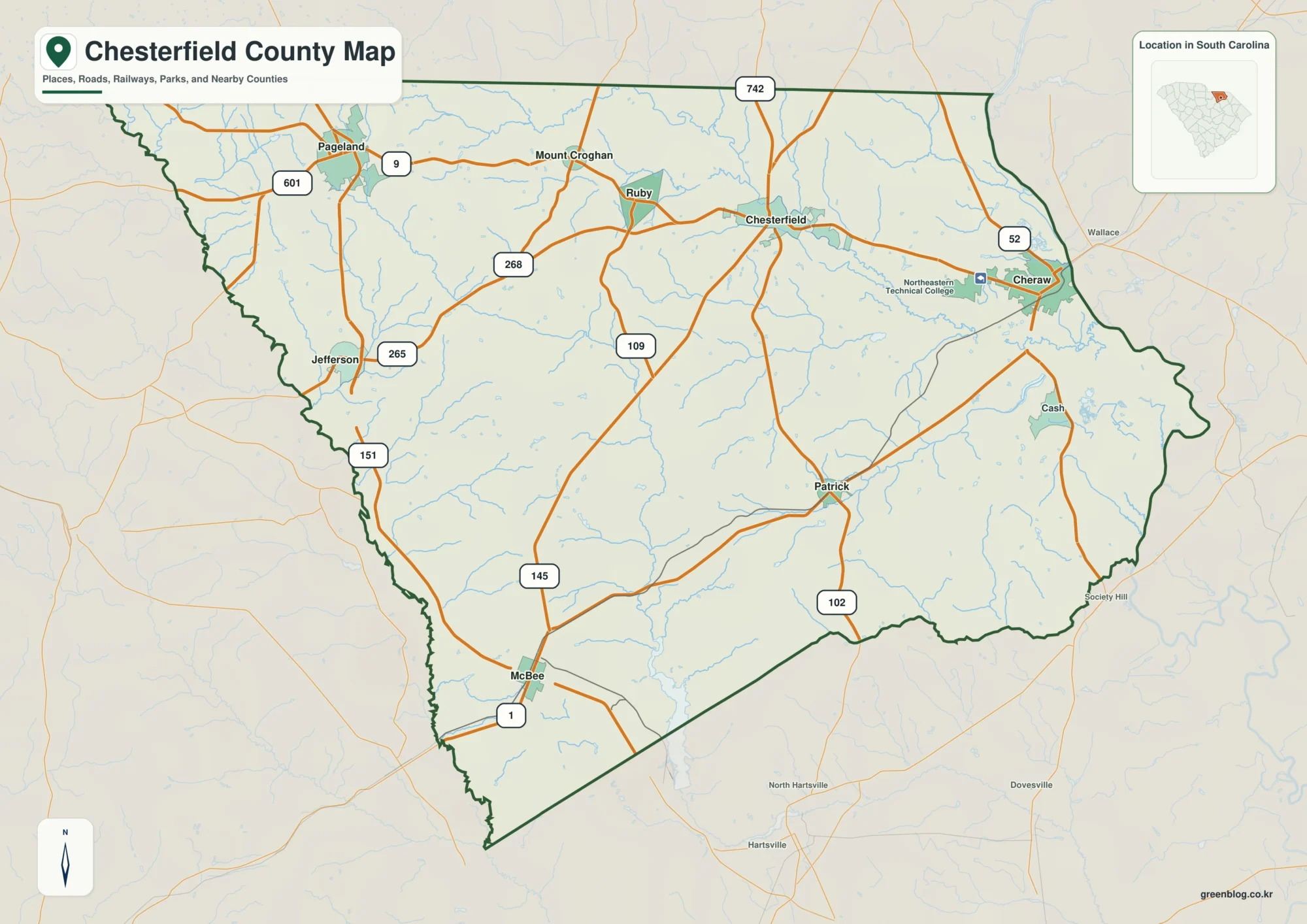 Chesterfield County South Carolina map with the county boundary and reference names for Chesterfield and Cheraw