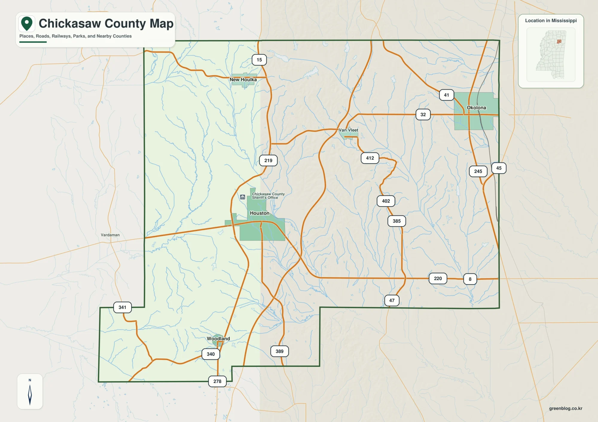 Chickasaw County Mississippi map showing Houston and Okolona, selected communities, roads, and natural features