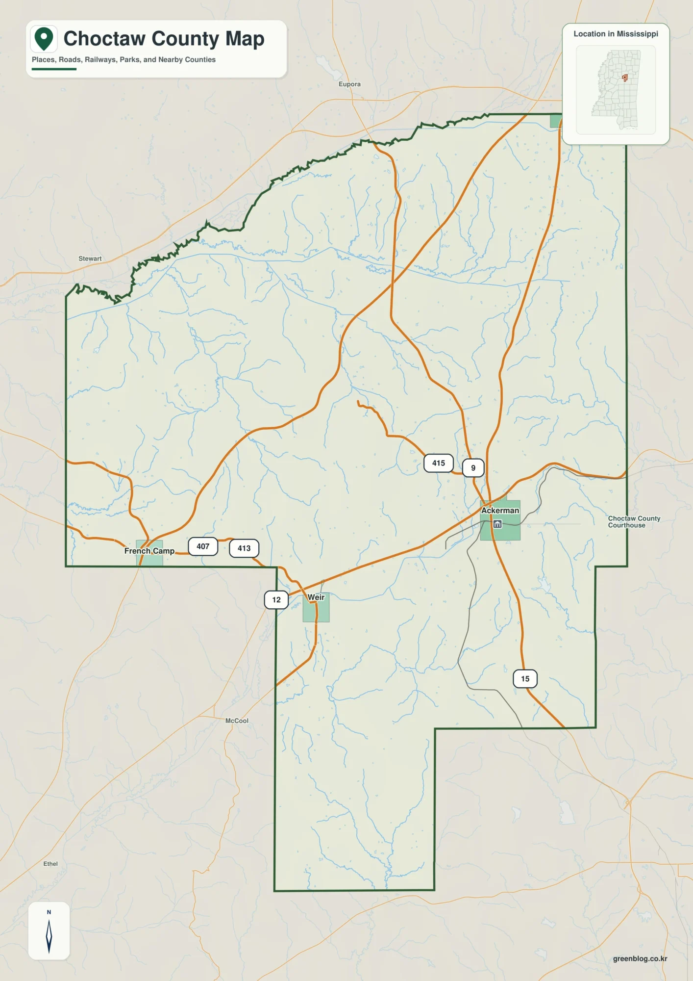 Choctaw County Mississippi map showing Ackerman, selected communities, roads, and natural features