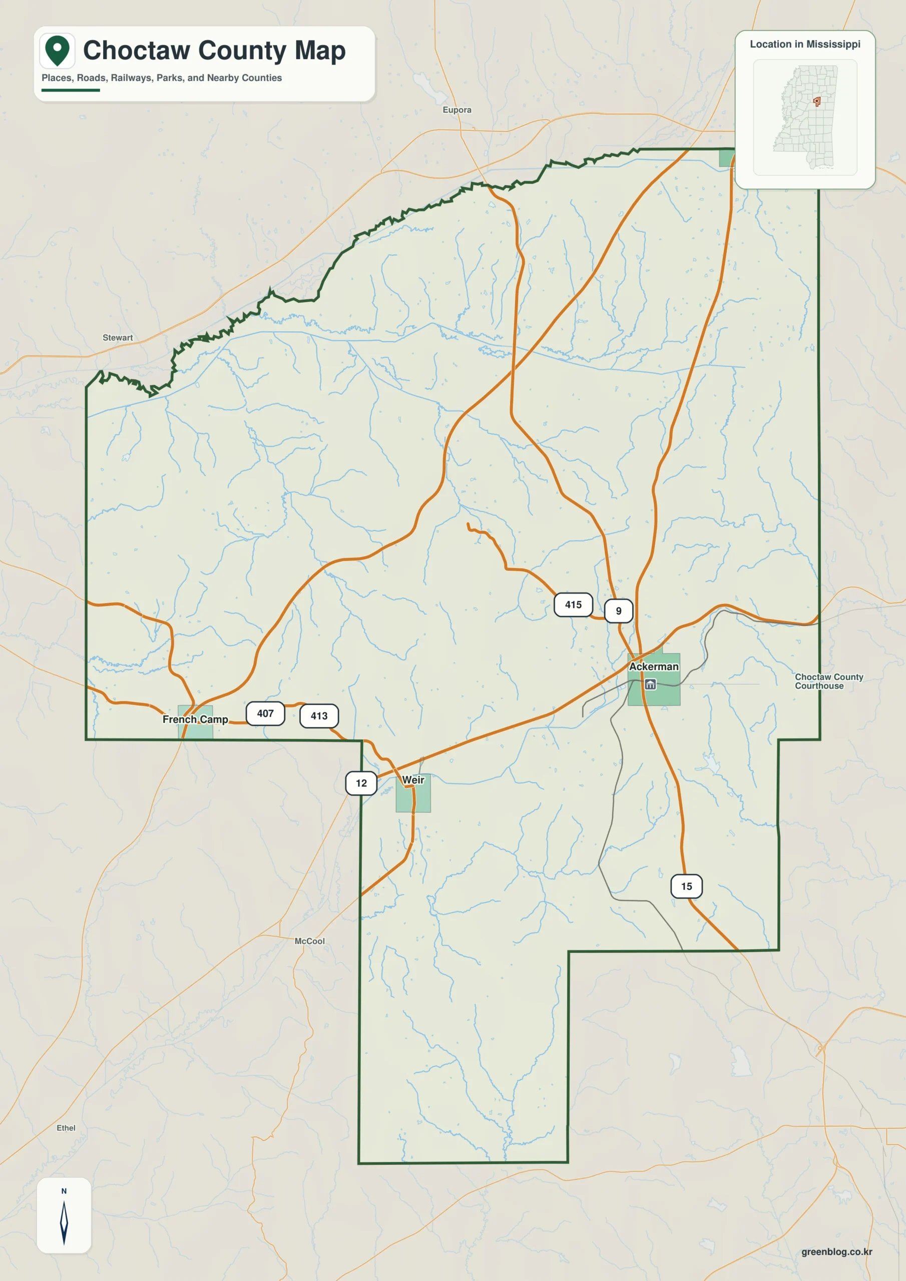 Choctaw County Mississippi map showing Ackerman, selected communities, roads, and natural features