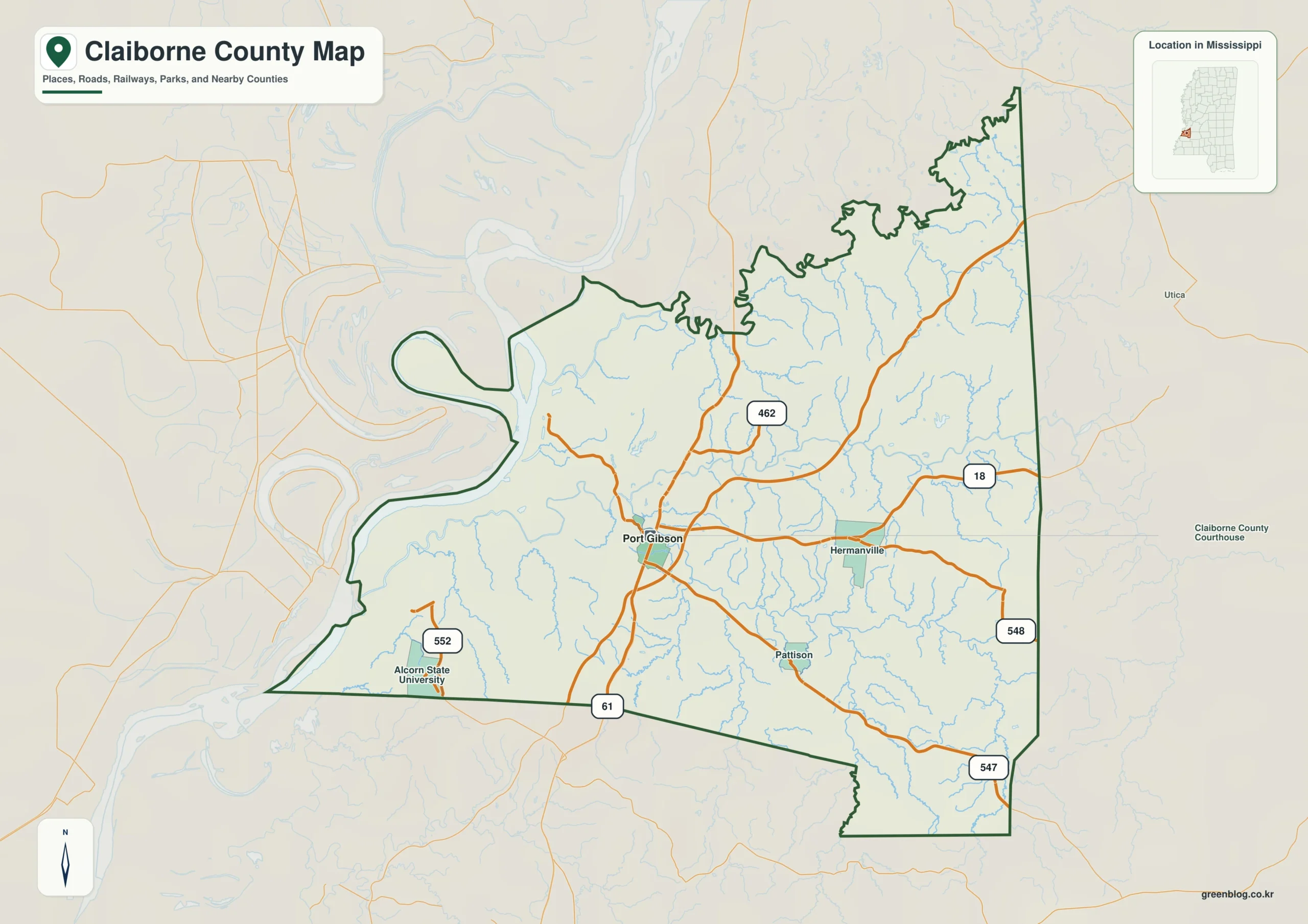 Claiborne County Mississippi map showing Port Gibson, selected communities, roads, and natural features