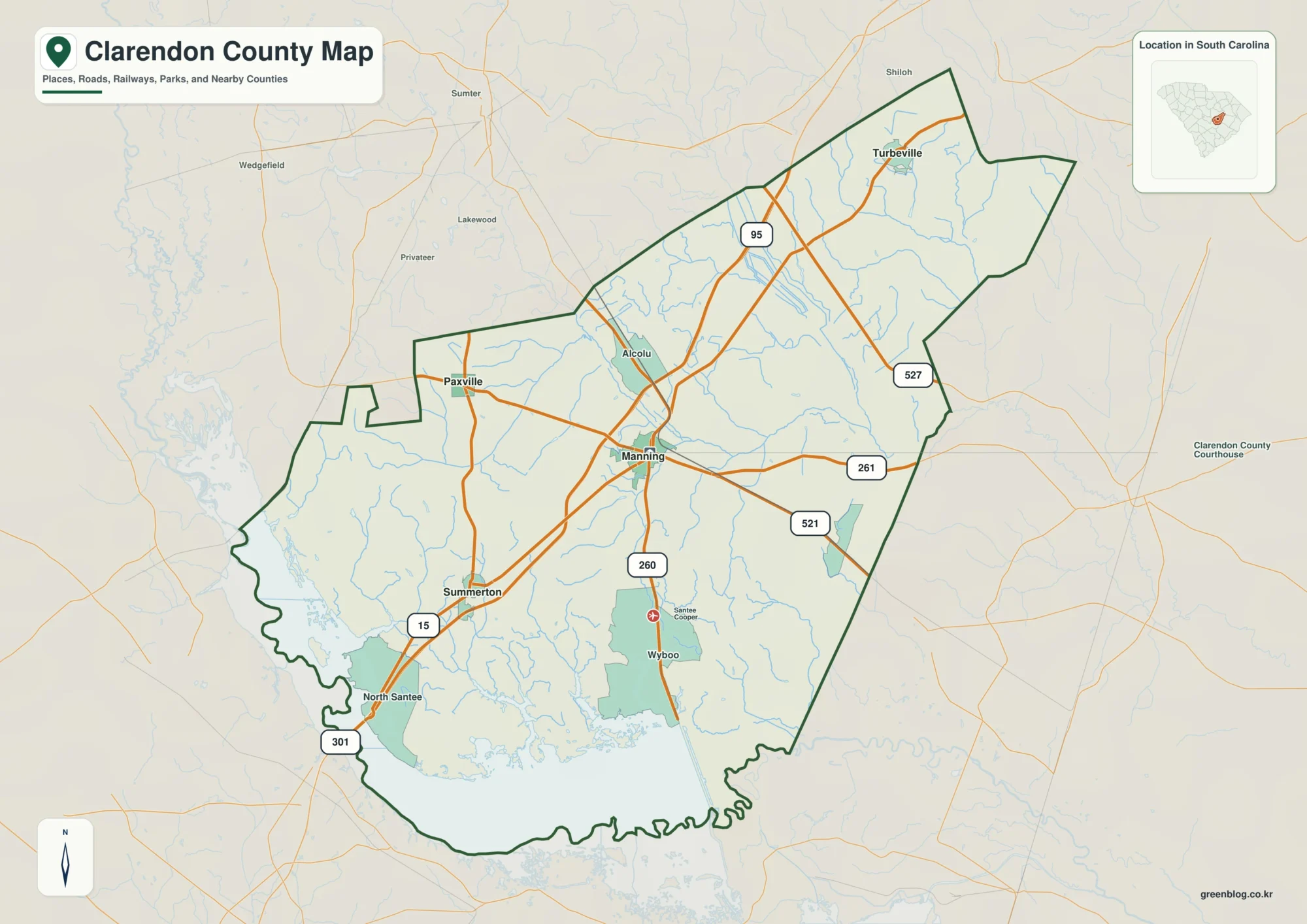 Clarendon County South Carolina map with the county boundary and reference names for Manning and Summerton