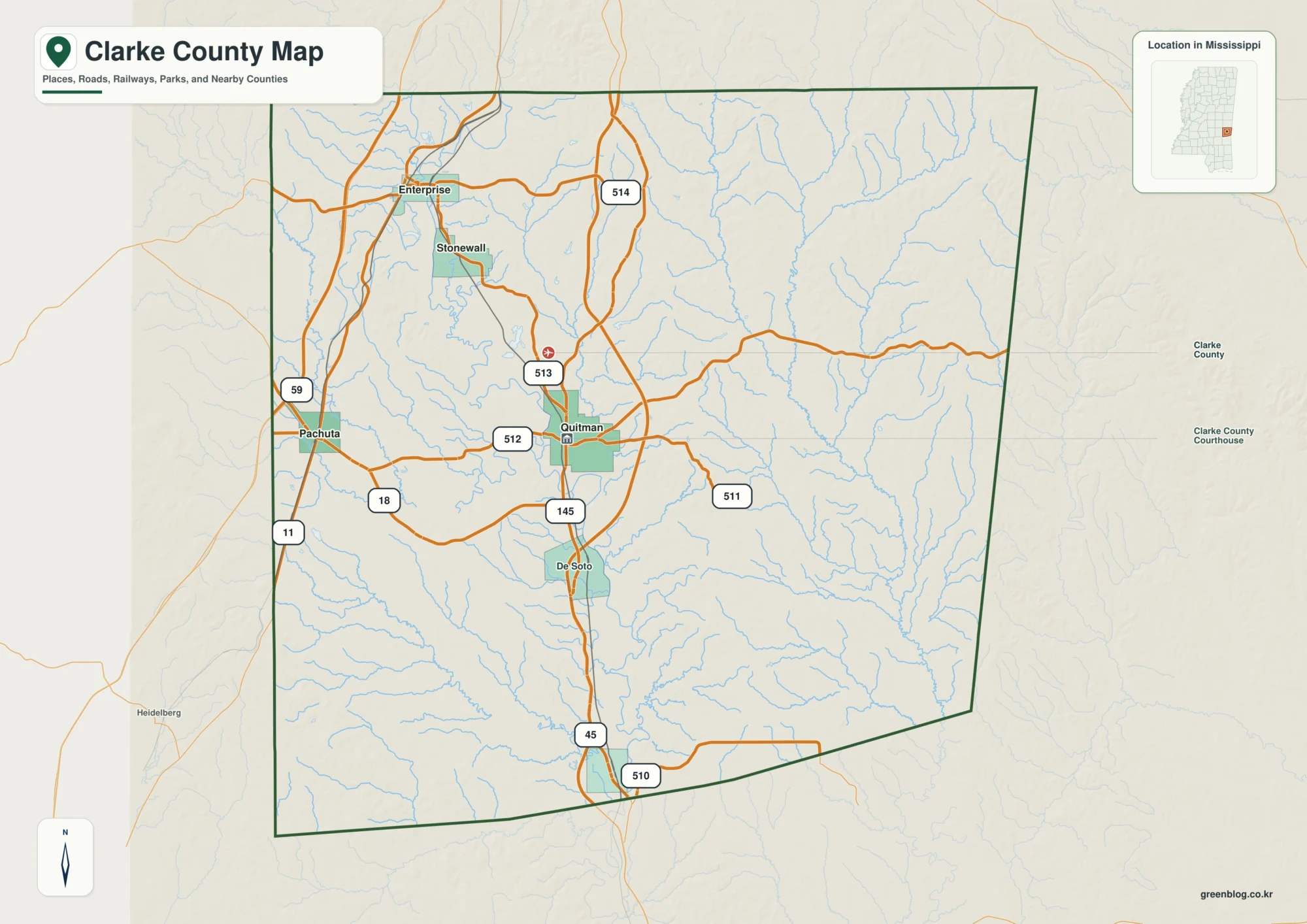Clarke County Mississippi map showing Quitman, selected communities, roads, and natural features