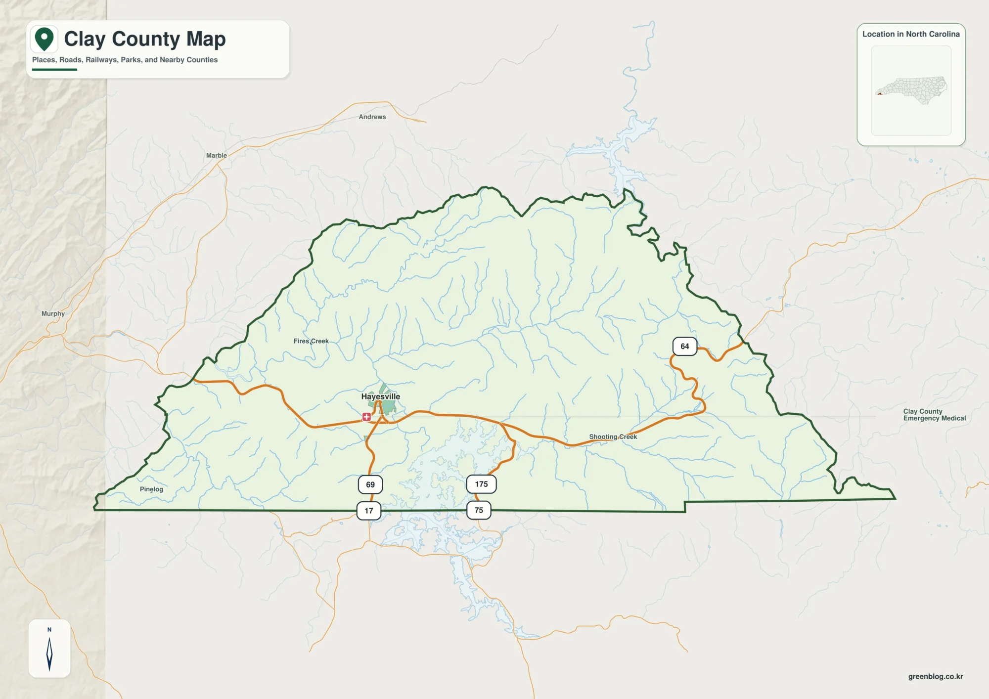 Clay County North Carolina map showing Hayesville and Hiwassee River