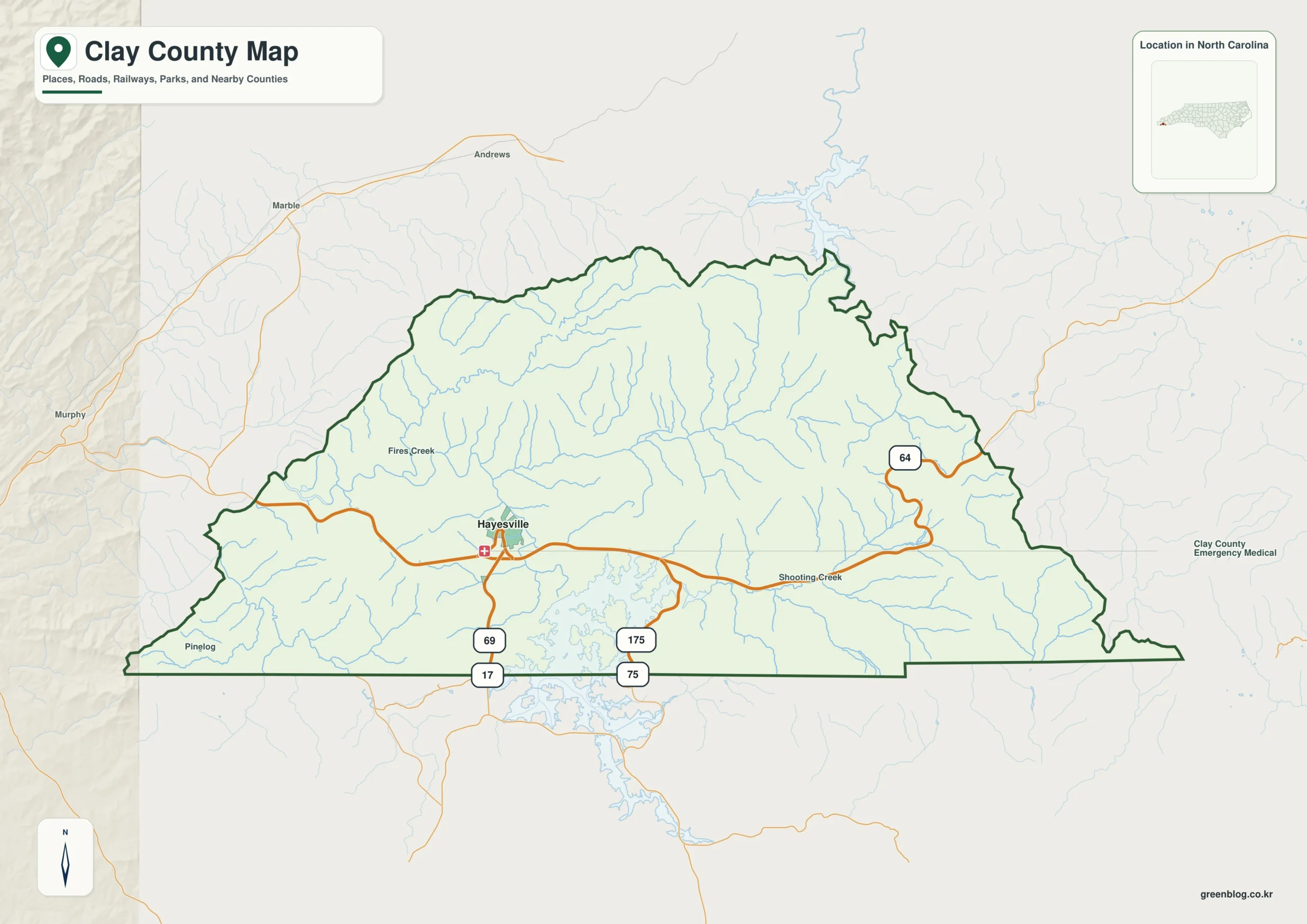 Clay County North Carolina map showing Hayesville and Hiwassee River