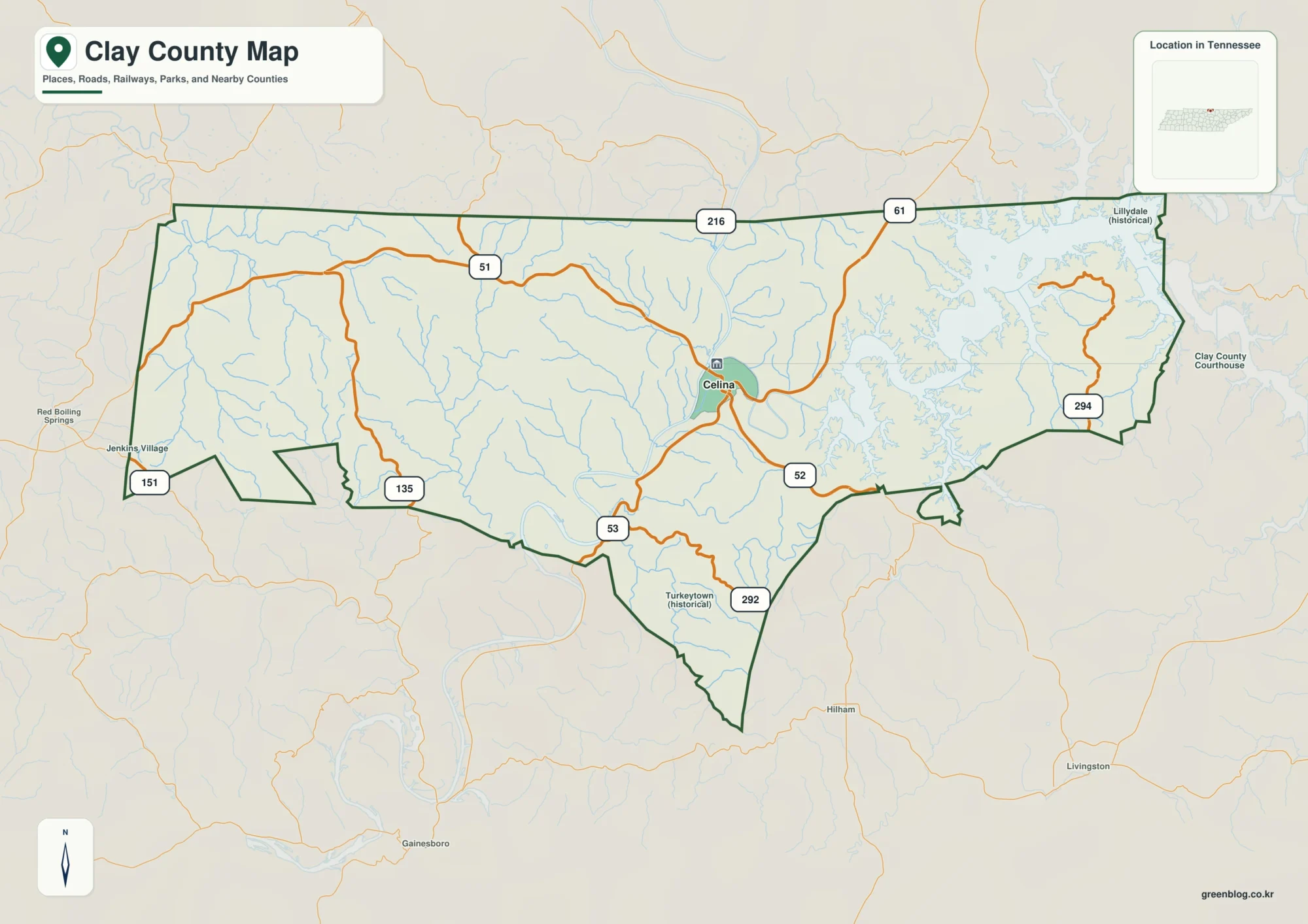 Clay County Tennessee map showing Celina, selected communities, roads, and natural features