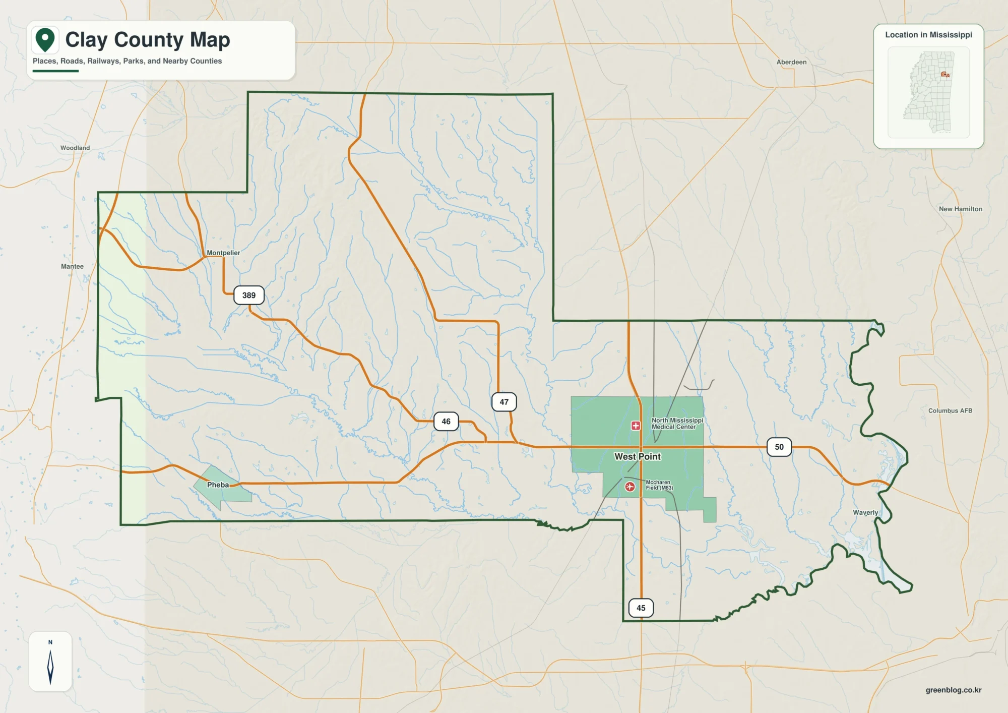 Clay County Mississippi map showing West Point, selected communities, roads, and natural features