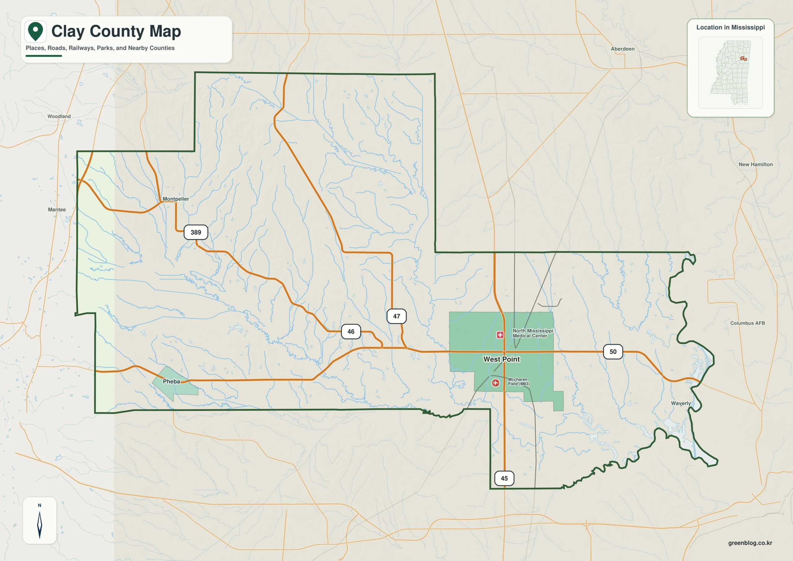 Clay County Mississippi map showing West Point, selected communities, roads, and natural features