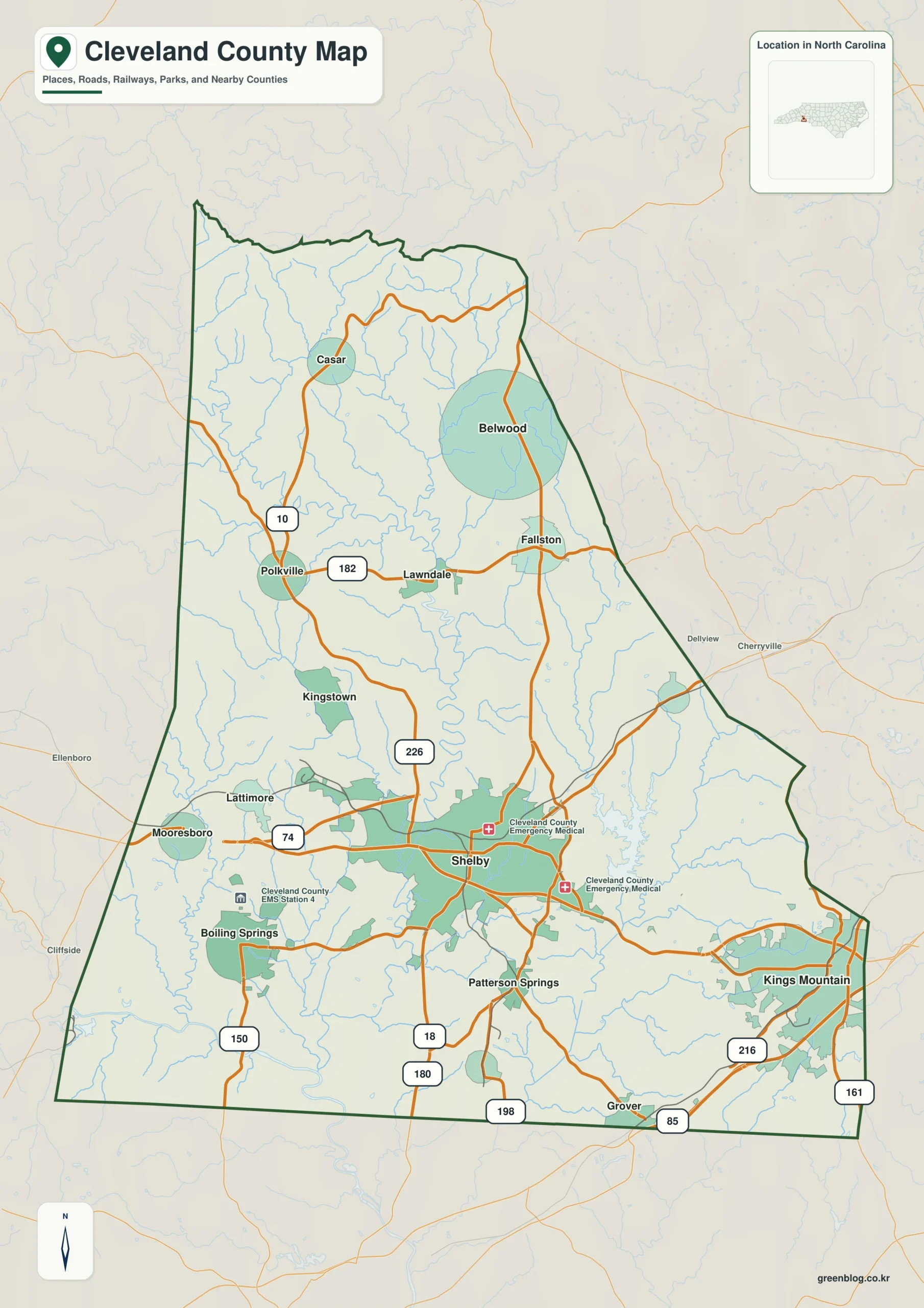 Cleveland County North Carolina map showing Shelby and Broad River
